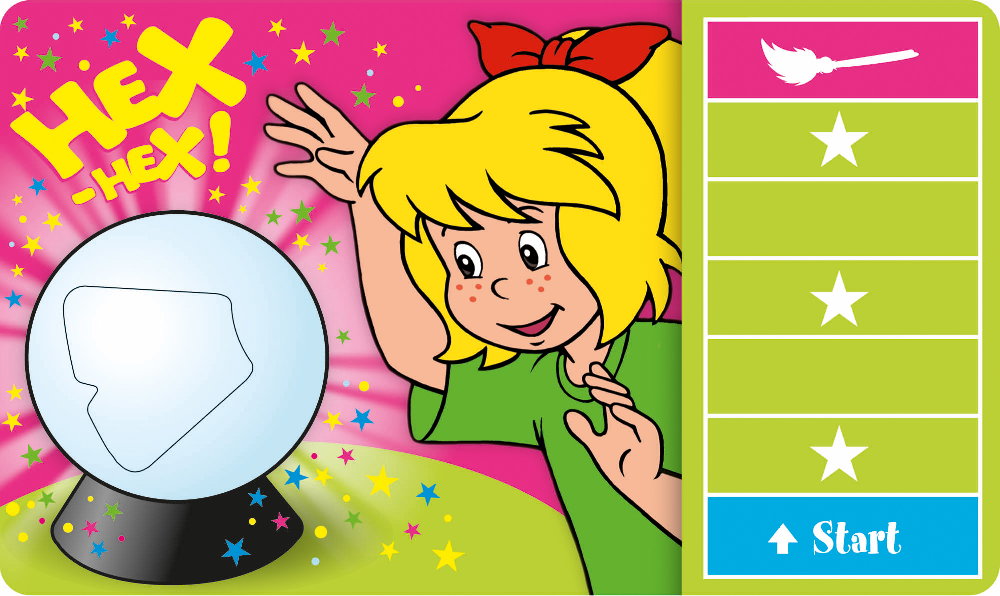 Cartoon-Mädchen mit blonden Haaren, roter Schleife und grünem Hemd. Eine Kristallkugel und der Text 'HEX HEX!' sind im Bild. Spieltafel rechts.