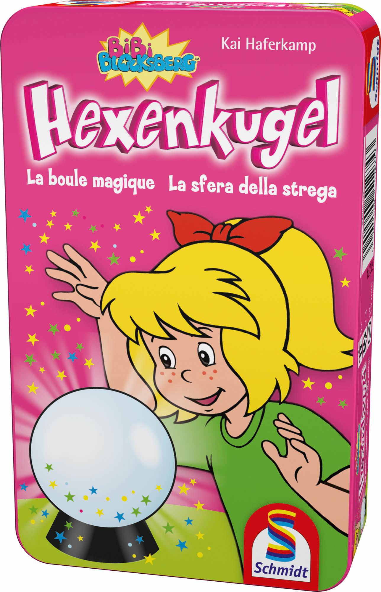 Eine rosa Box mit einem Cartoon-Mädchen und einer Kristallkugel. Der Text lautet 'Hexenkugel' und 'La boule magique'.