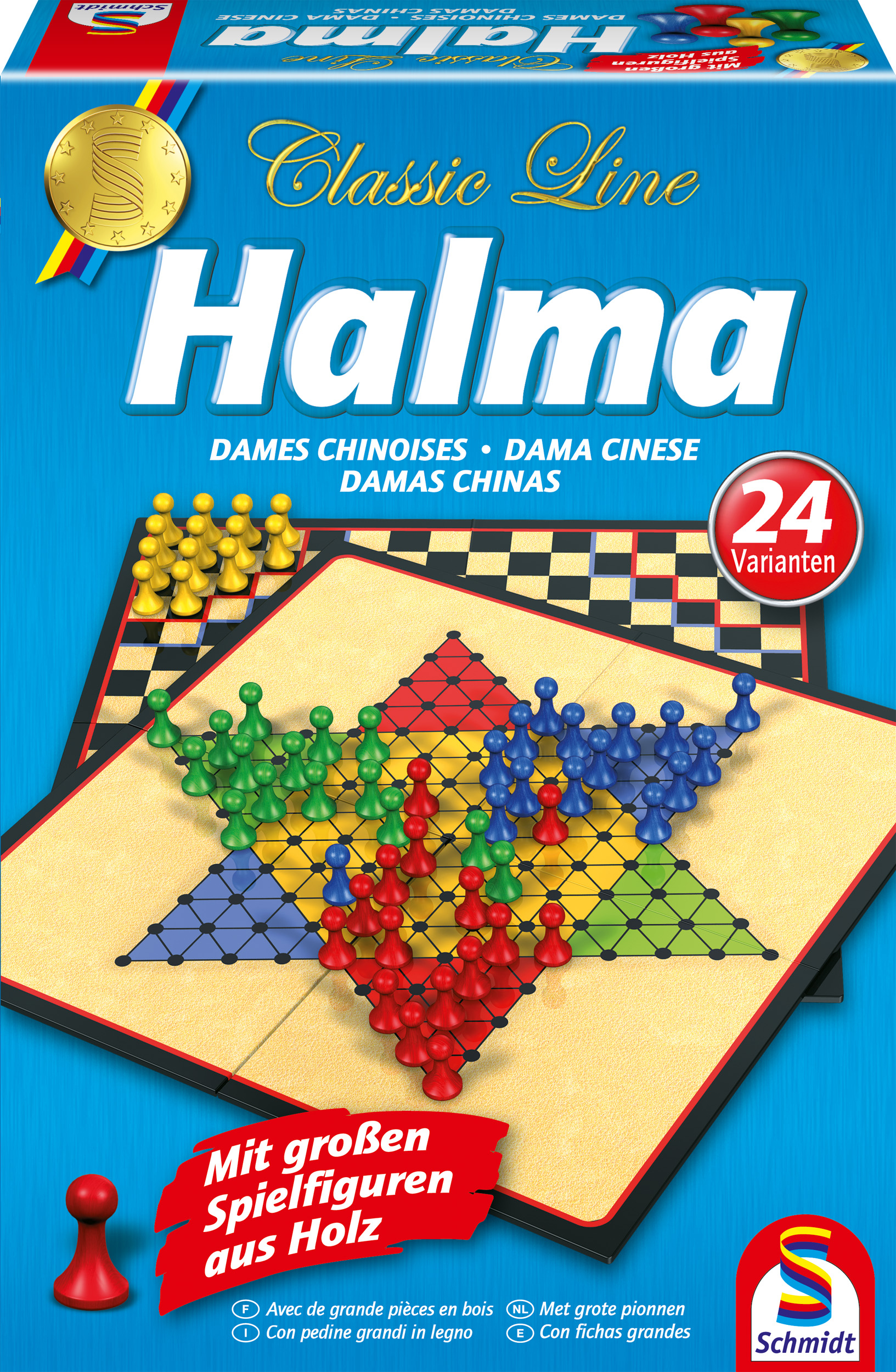 Halma-Brettspielbox. Sie hat ein Spielbrett und mehrfarbige Spielfiguren auf blauem Hintergrund.