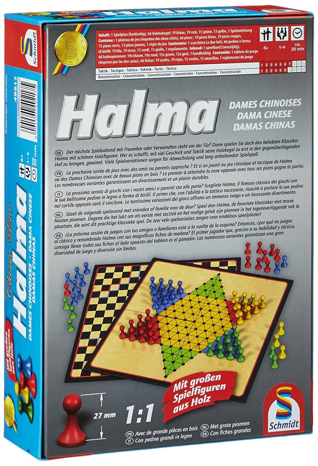 Schachtel des Halma-Spiels. Brettspiel mit farbigen Stiften und Anweisungen.
