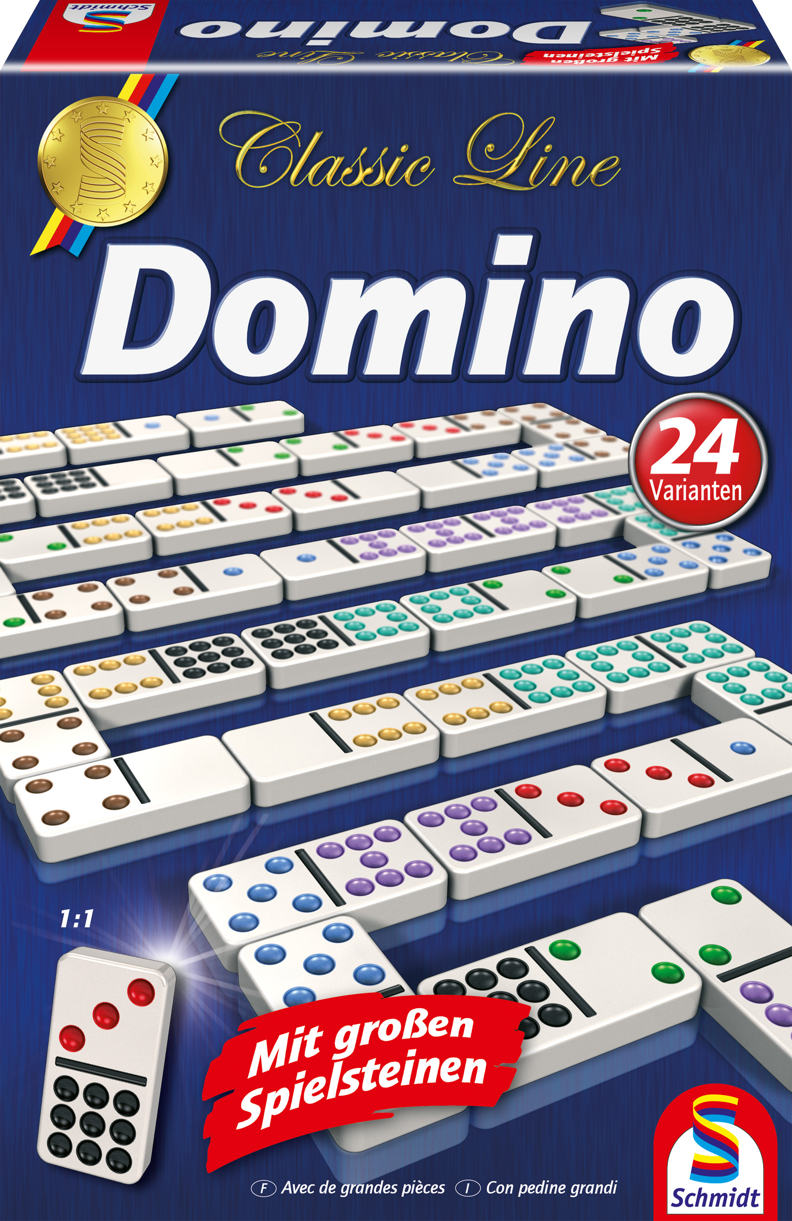 Pudełko do gry w domino z domino. Białe płytki z kolorowymi kropkami. Tekst brzmi 'Classic Line Domino'.