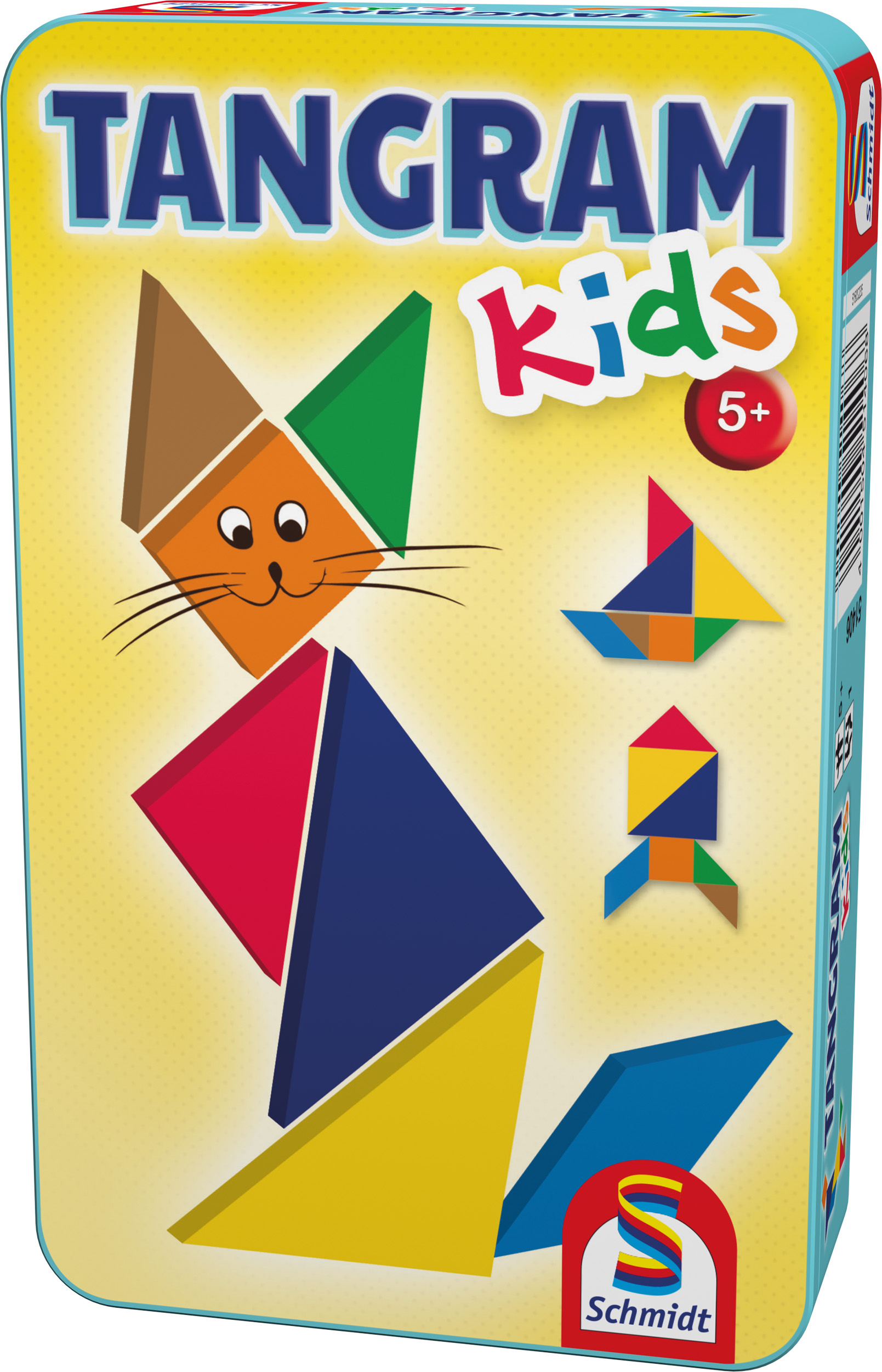 Pudełko z puzzlami Tangram. Pokazuje kota, łódź i rakietę wykonane z kolorowych geometrycznych kształtów. Pudełko jest żółte i niebieskie.