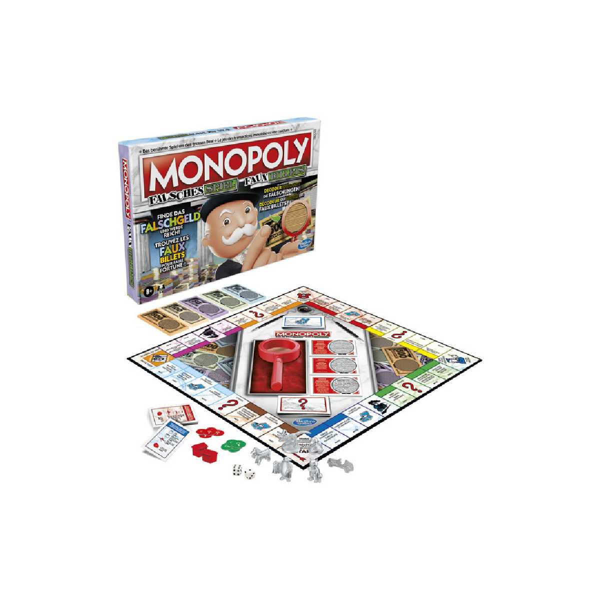 Monopoly-Brettspiel-Set. Das Spielbrett ist geöffnet, mit Spielfiguren, Würfeln und Karten. Die Box ist sichtbar.