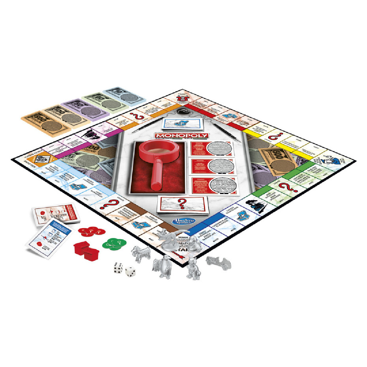 Monopoly-Brettspiel. Enthält Brett, Geld, Häuser, Würfel, Spielfiguren und Karten. Rote Lupe in der Mitte des Bretts.