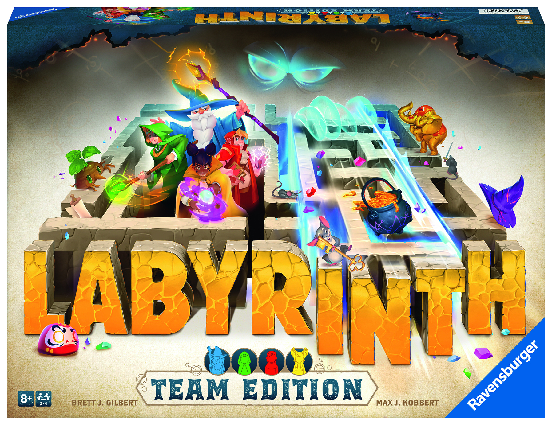 Die Labyrinth-Brettspielbox. Charaktere in einem Labyrinth. Bunte Kunst mit dem Wort 'Labyrinth' und 'Team Edition'.