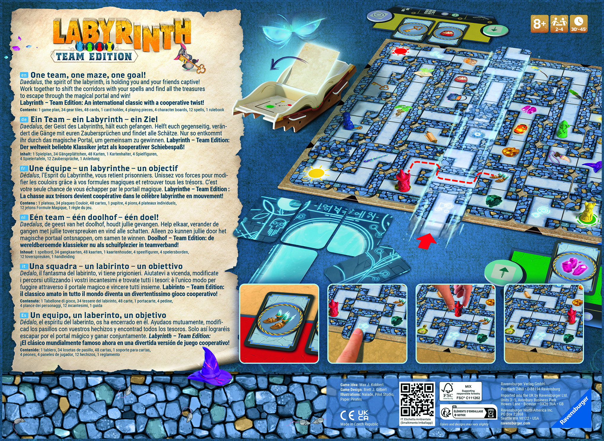 Brettspielbox, Labyrinth-Thema. Zeigt Spielbrett, Figuren und Text mit Spieldetails.