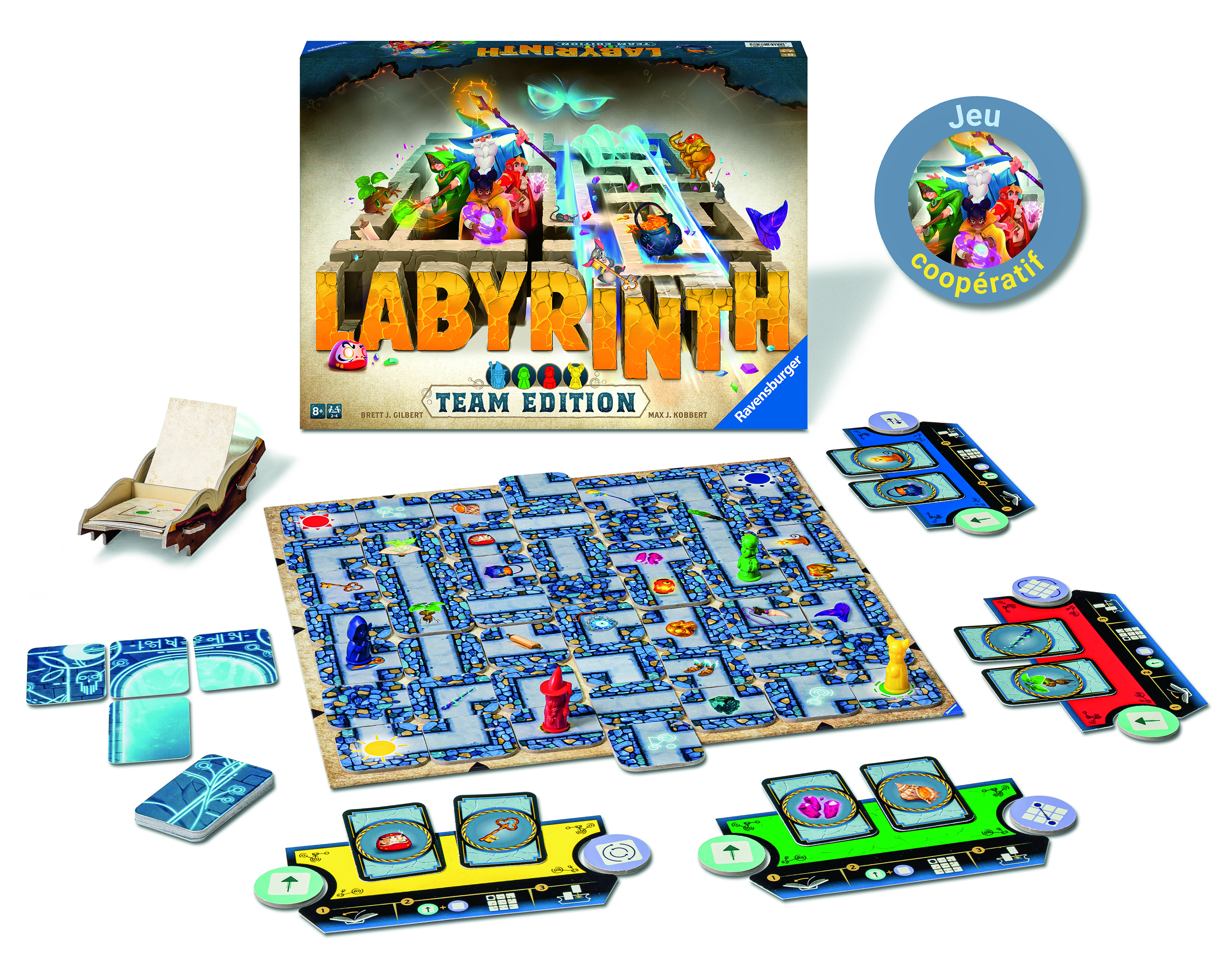Brettspiel 'Labyrinth Team Edition'. Enthält Spielbrett, Karten und Spielsteine. Box-Art zeigt Charaktere in einem Labyrinth.