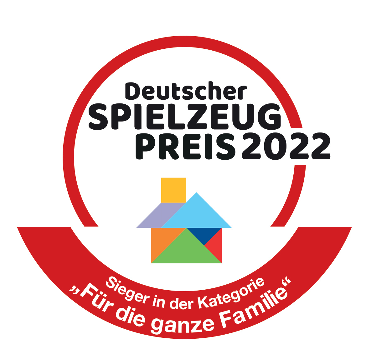 Das Logo zeigt einen roten Kreis und ein Haus aus bunten Formen. Text: 'Deutscher Spielzeug Preis 2022'.