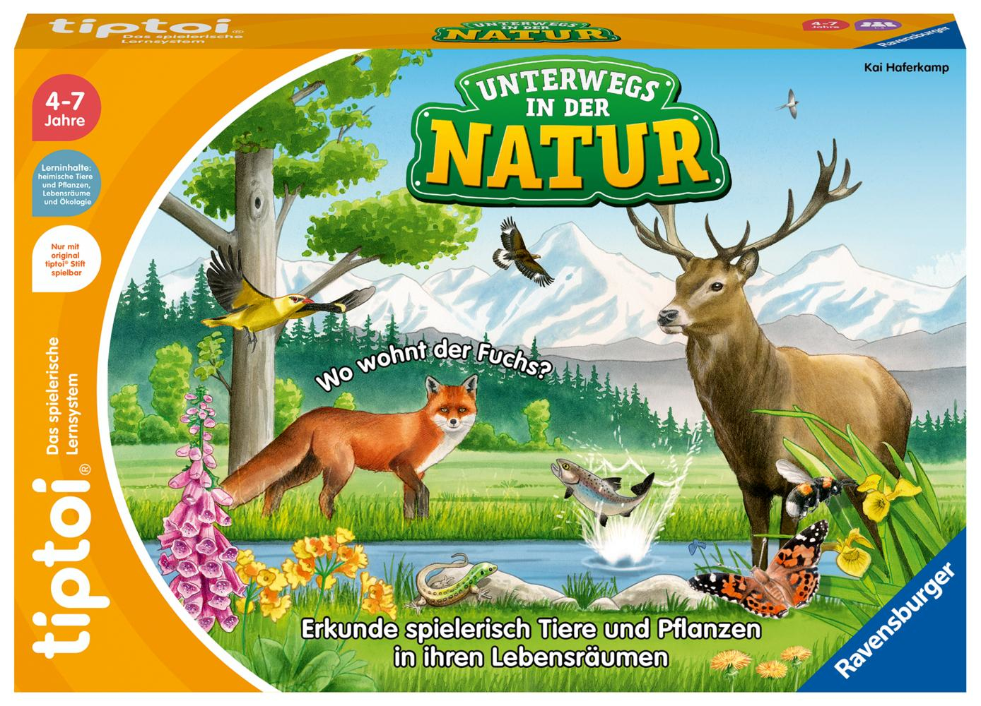 Grafika pudełka: Lis, jeleń i inne zwierzęta nad stawem. Tytuł brzmi 'Unterwegs in der Natur'. Obecne jest logo Ravensburger.