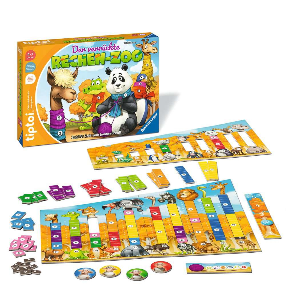 Un gioco di conteggio per bambini chiamato 'Rechen-Zoo' con un panda sulla scatola. Sono visibili tabelloni di gioco, carte animali e pezzi per contare.