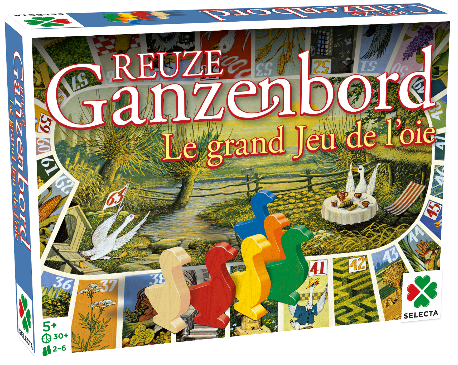 Una scatola di gioco intitolata 'Ganzenbord'. Mostra una scena fluviale con figure di oche. Ci sono pedine a forma di oca di diversi colori.