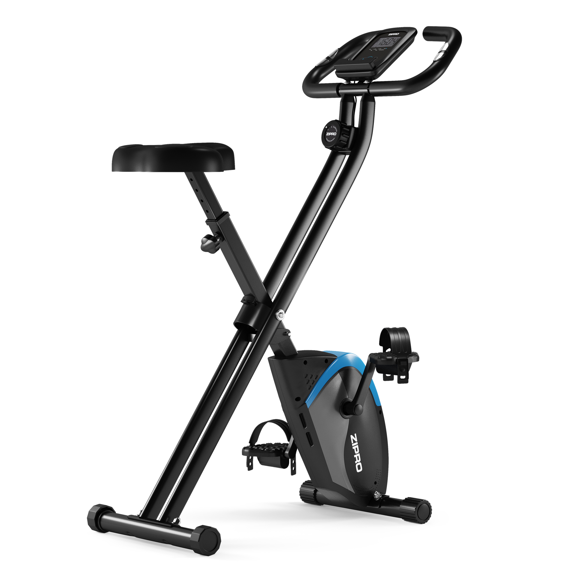 Schwarzes stationäres Trainingsfahrrad mit blauen Akzenten, Digitalanzeige und verstellbarem Sitz. Mit Pedalen und Lenker.