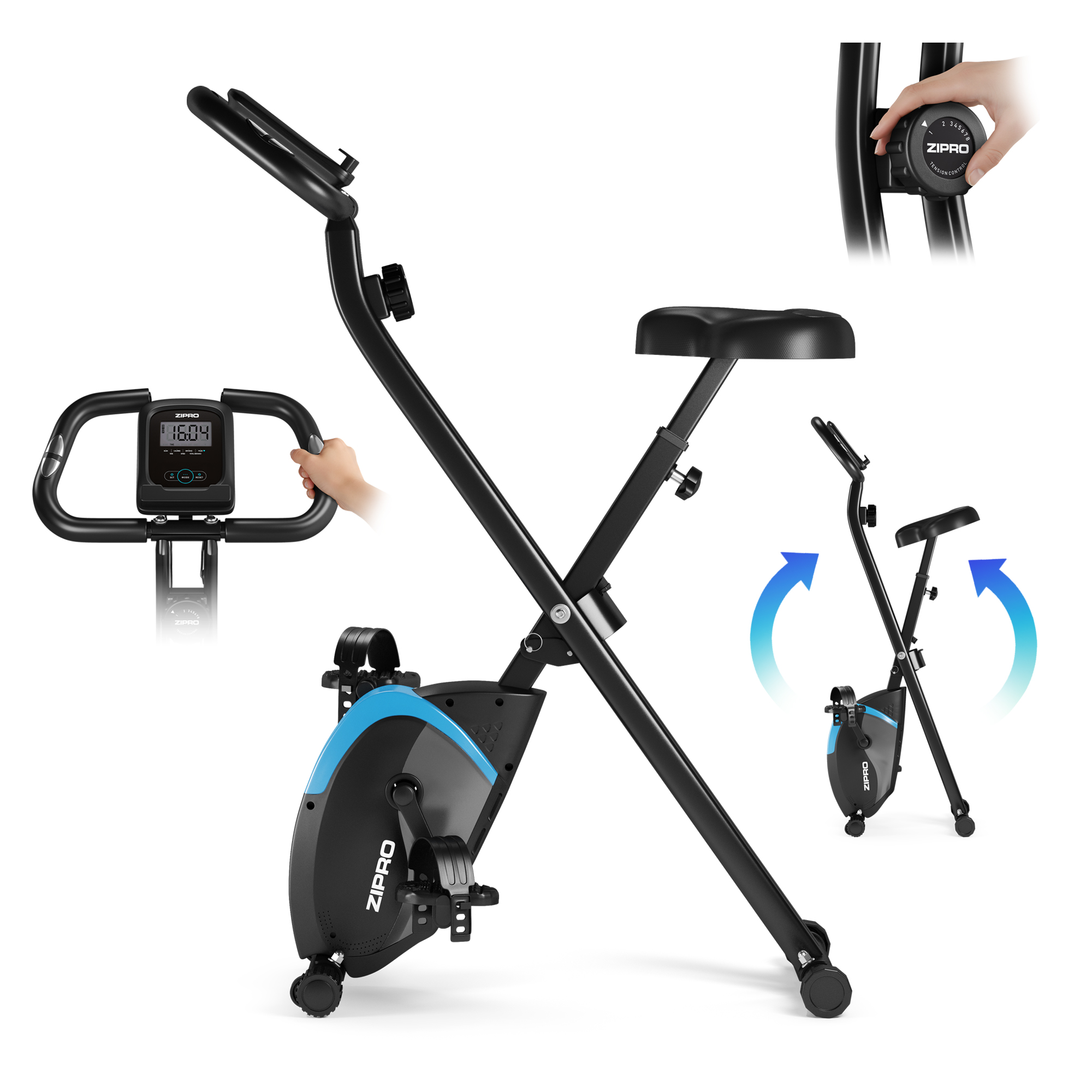 Ein Heimtrainer mit schwarzem Rahmen und blauen Akzenten. Eine Hand stellt den Widerstand ein. Ein Display zeigt Daten.