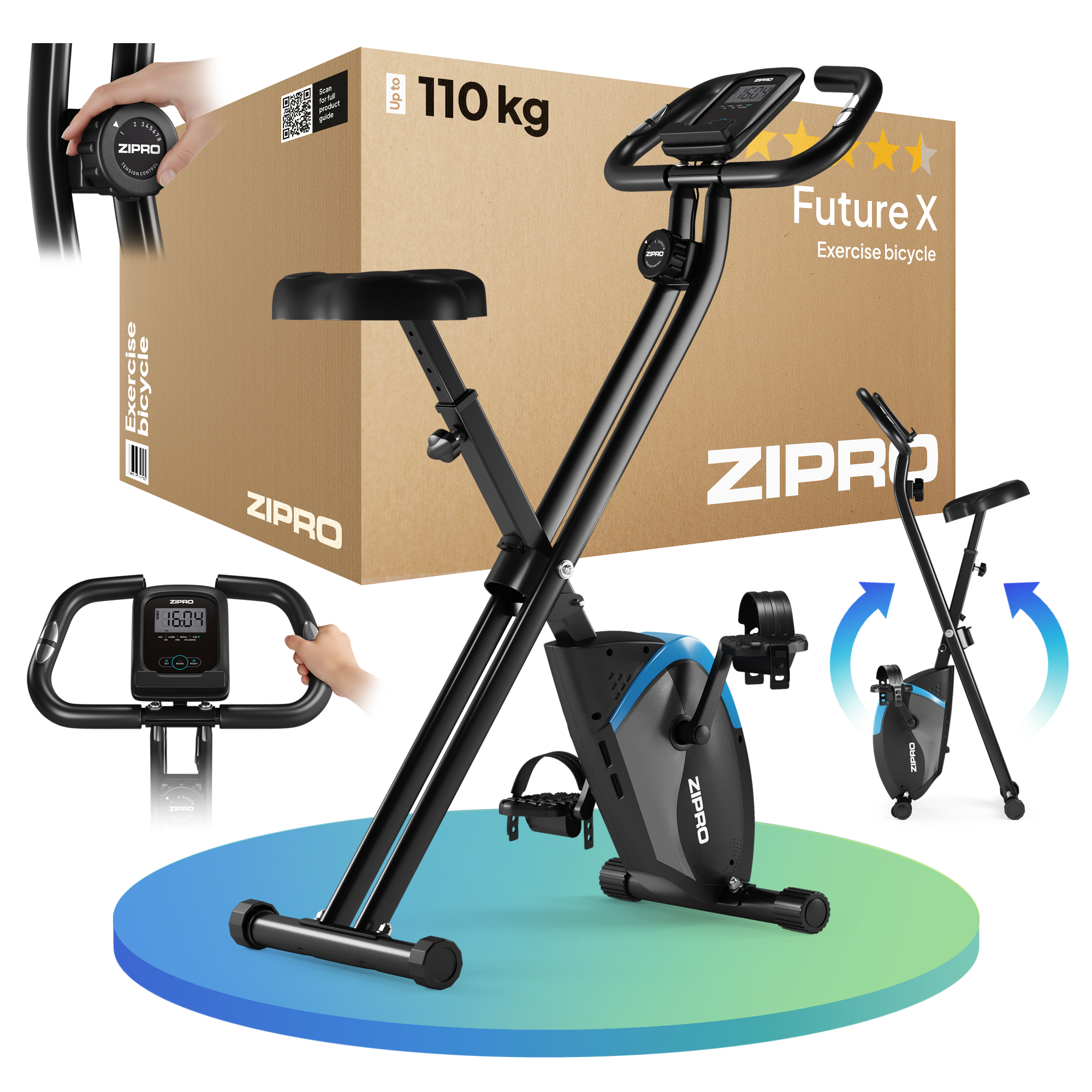 Ein Trainingsfahrrad mit dem Markennamen ZIPRO wird gezeigt. Das Fahrrad ist schwarz und blau, mit einem Gewichtslimit von 110 kg.