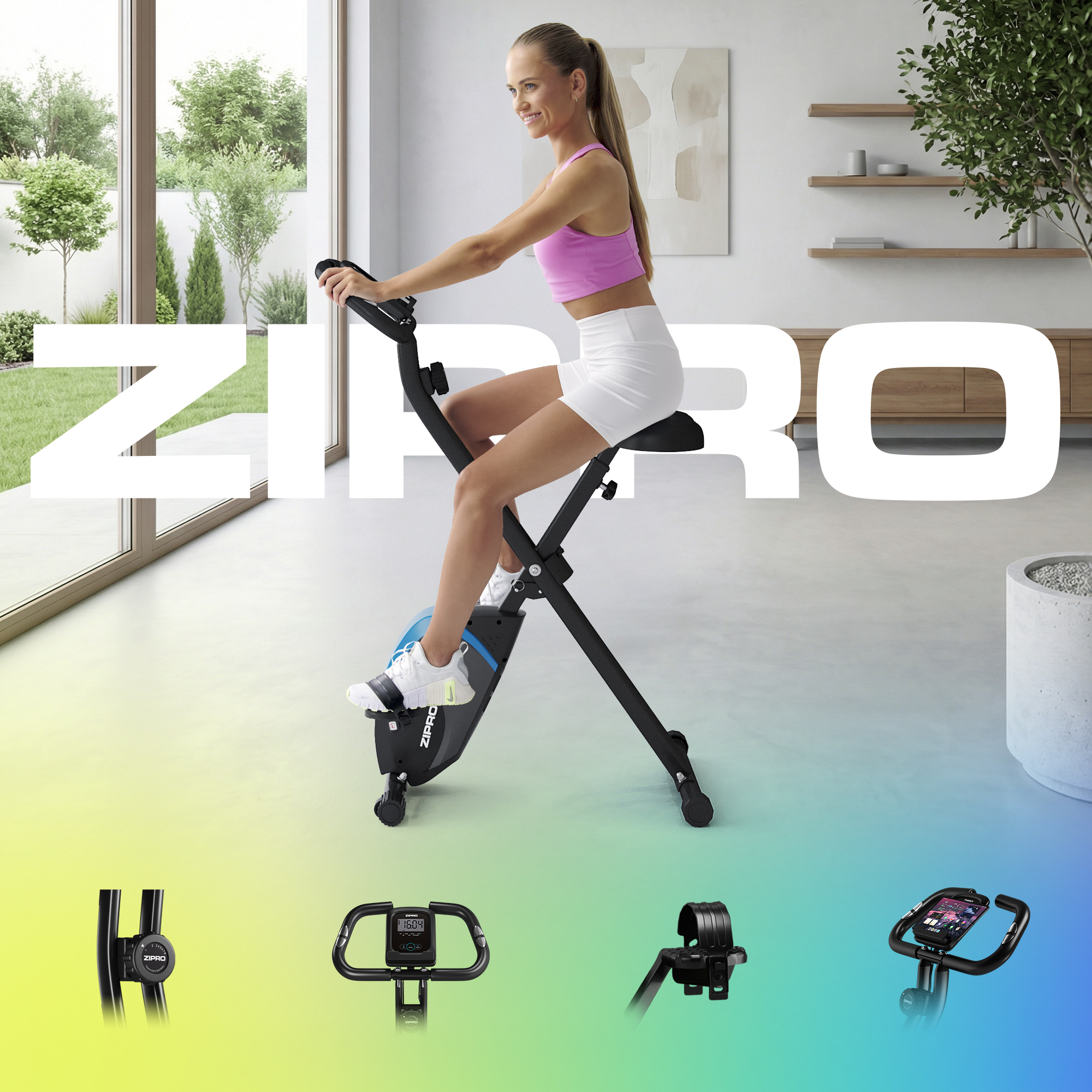 Eine Frau trainiert auf einem schwarzen Heimtrainer. Sie trägt ein rosa Oberteil und weiße Shorts. Große Fenster und Bäume im Hintergrund.