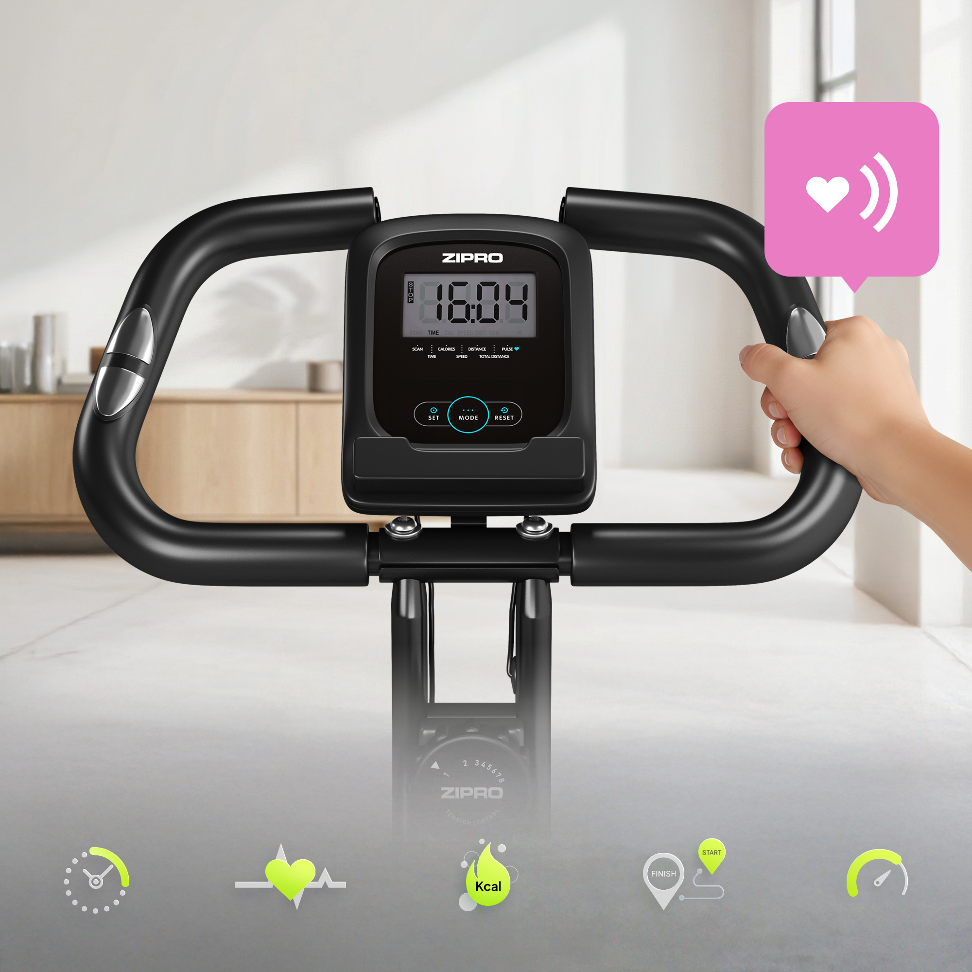 Heimtrainer mit Digitalanzeige, die die Zeit anzeigt. Eine Hand hält den Griff. Symbole für Zeit, Herz, kcal, Ziel und Geschwindigkeit.