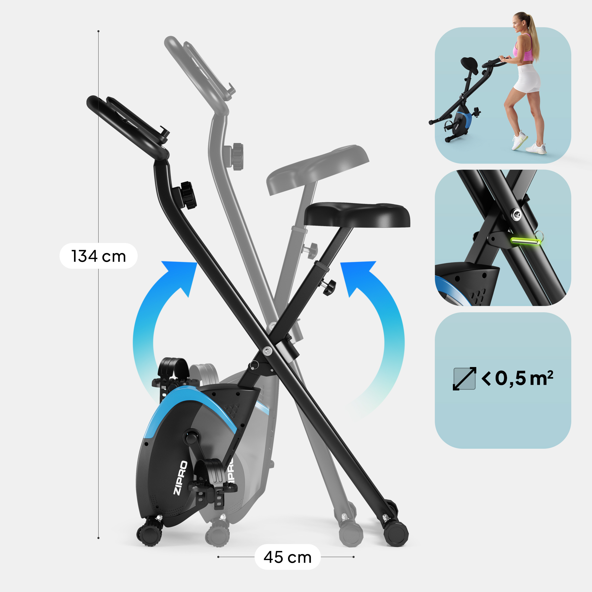 Ein Trainingsfahrrad wird gezeigt, mit einer Frau, die es in einem kleinen Einsatz benutzt. Abmessungen sind 134 cm hoch und 45 cm breit, weniger als 0,5 m2.