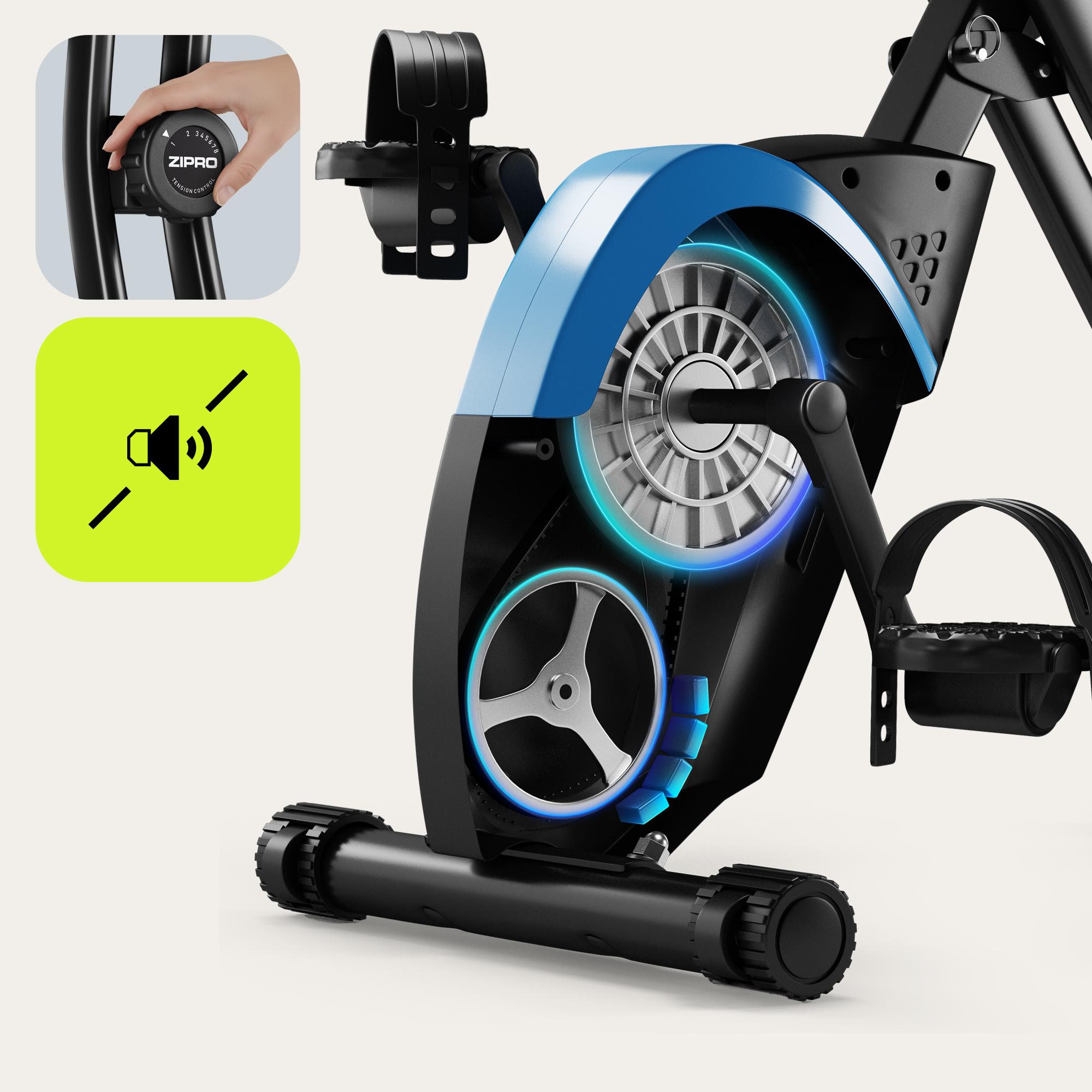 Bicicleta estática. Diseño negro y azul. La mano ajusta el dial de tensión. Icono de sonido con una línea.