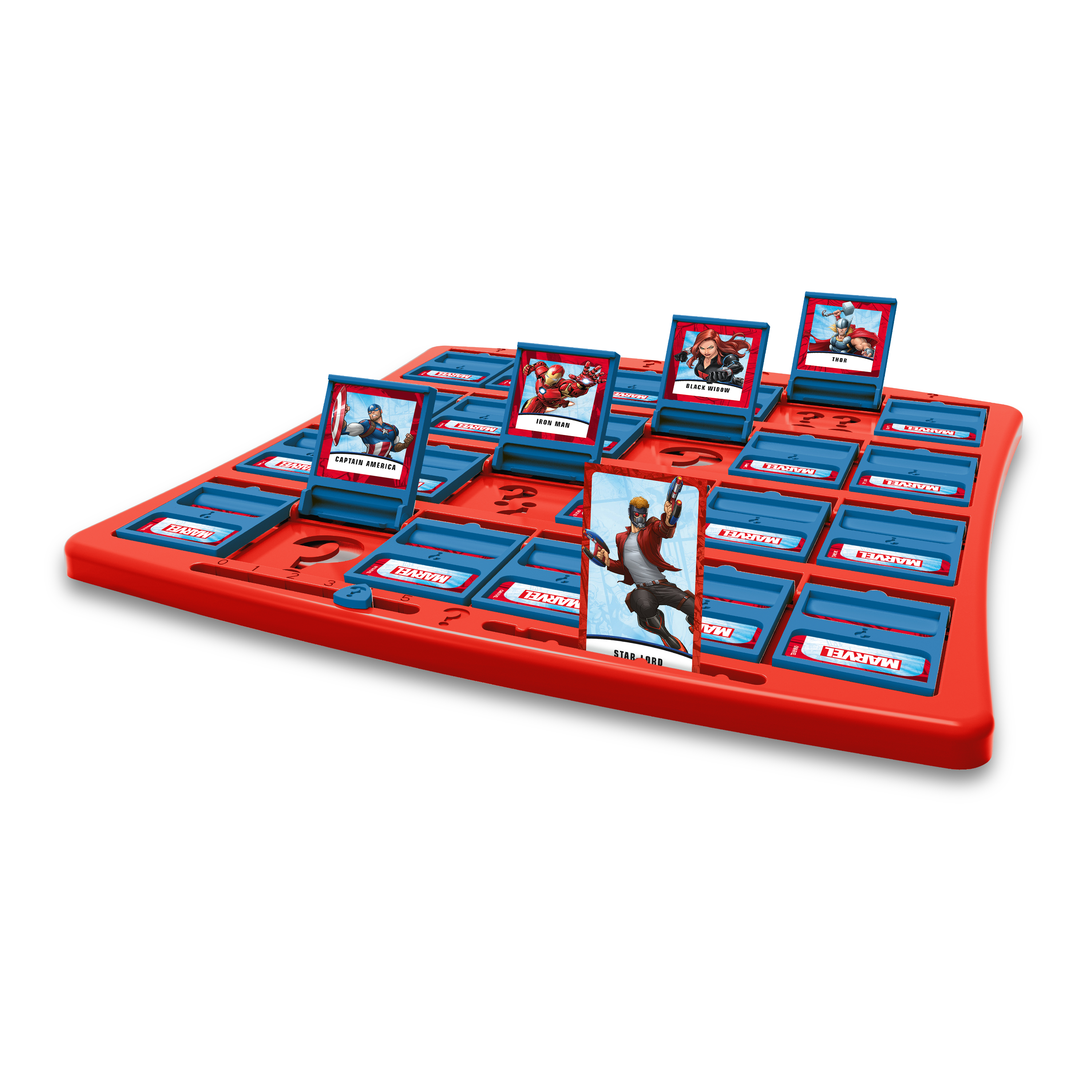 Marvel Guess Who-spel. Rode basis met blauwe sleuven met karakterkaarten: Iron Man, Captain America, Thor, Black Widow en Star-Lord.