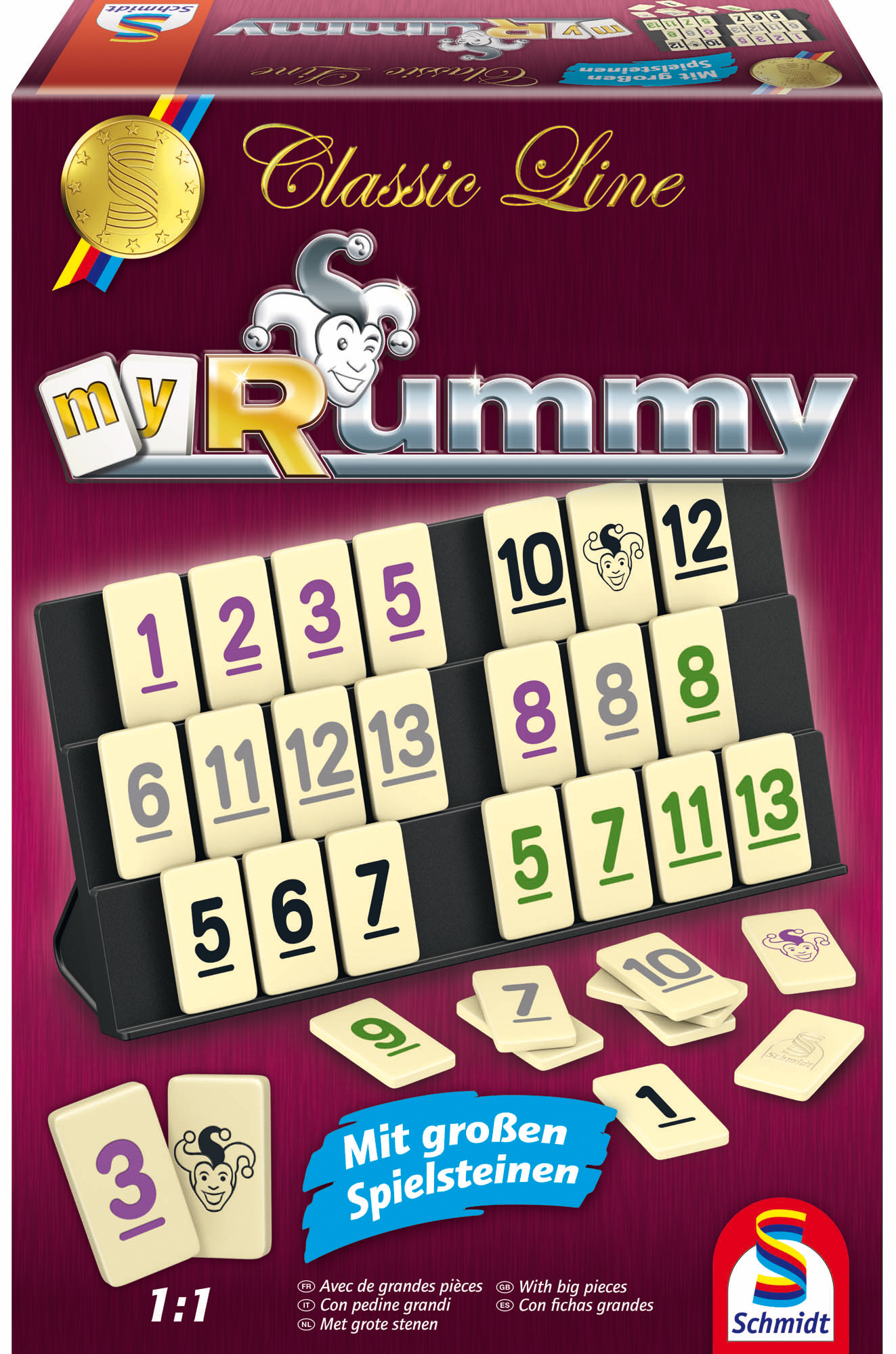 Doos van het spel myRummy. Tegels met nummers 1-13 in diverse kleuren. Op de doos staat Classic Line en Schmidt.