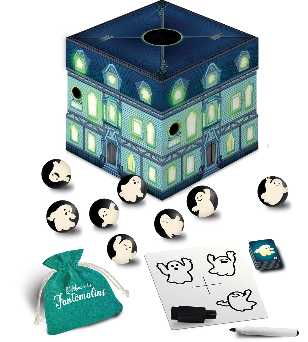 Een spel met een spookhuis, spooktokens, een tekenbord, kaarten en een groene zak.