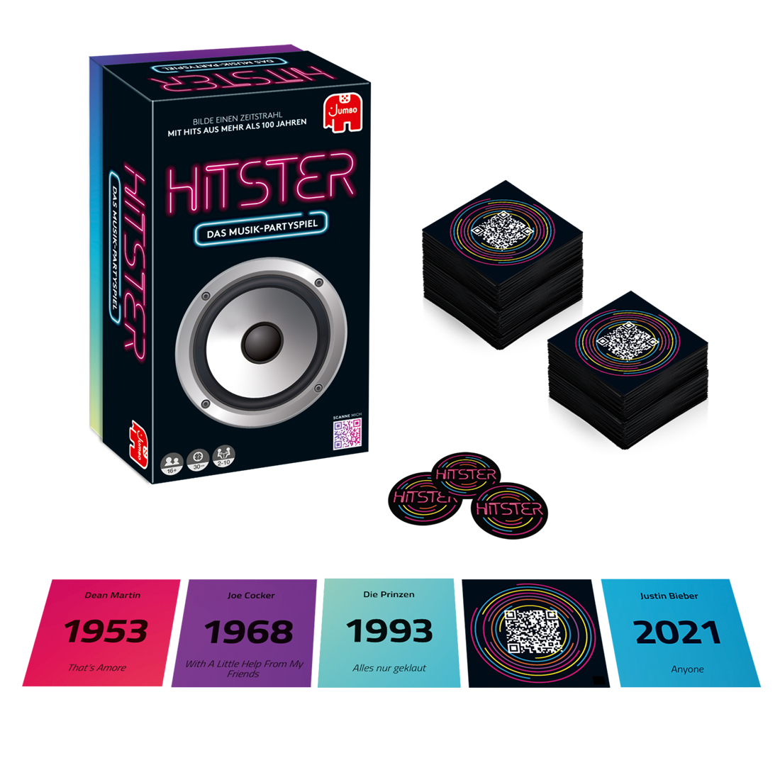 Une boîte de jeu, HITSTER, avec des piles de cartes et des cartes d'artistes. Les artistes incluent Dean Martin, Joe Cocker, Die Prinzen et Justin Bieber.