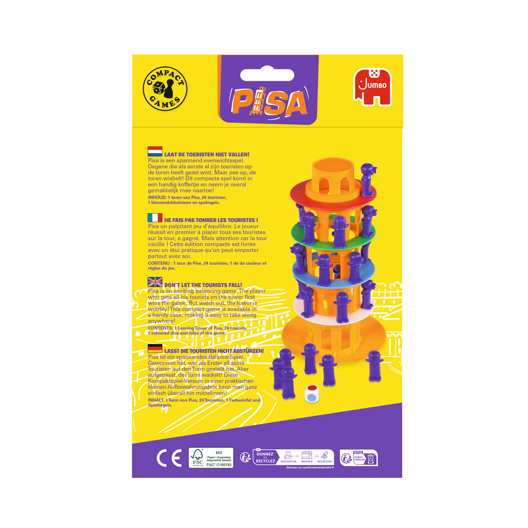 Ein Pisa-Turmspiel mit lila Touristen. Der Turm ist orange und gelb. Das Jumbo-Logo befindet sich oben rechts.