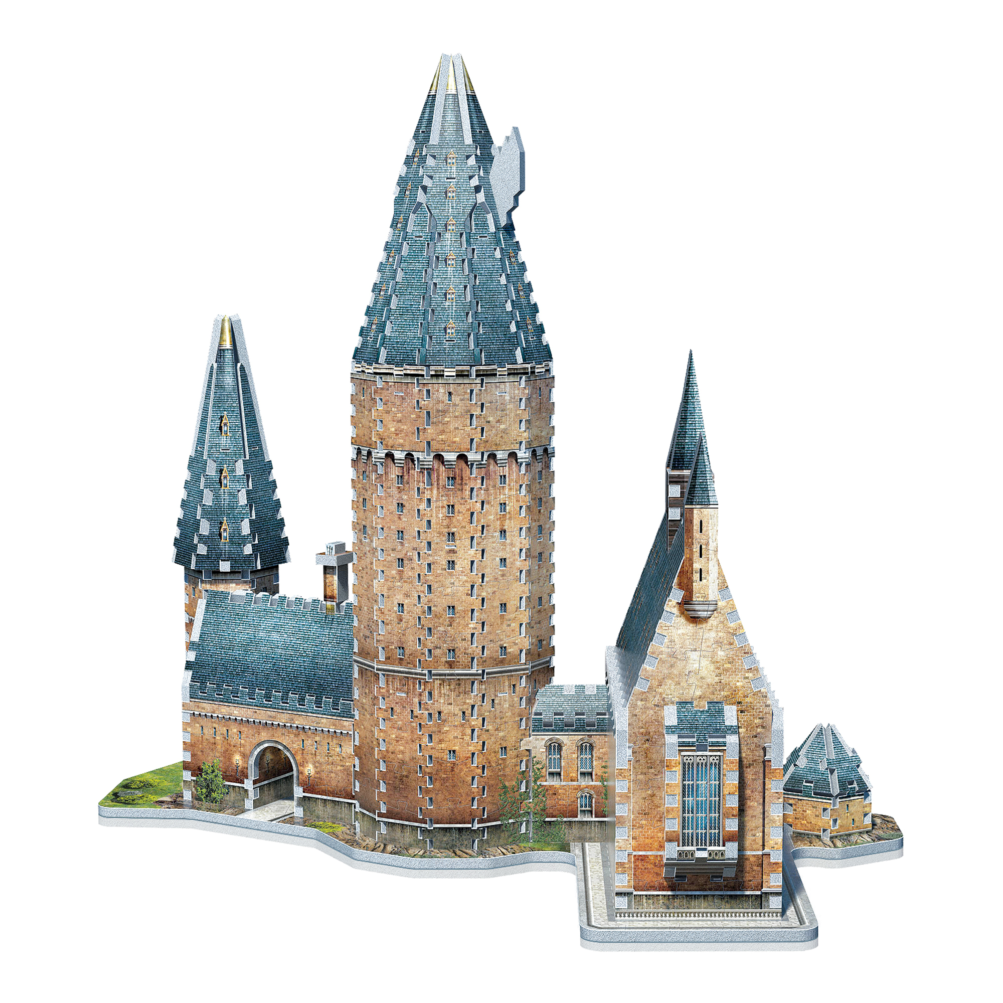 Puzzle 3D zamku z wieloma wieżami i iglicami. Kolory to brązowy, szary i zielony. Znajduje się na białym tle.