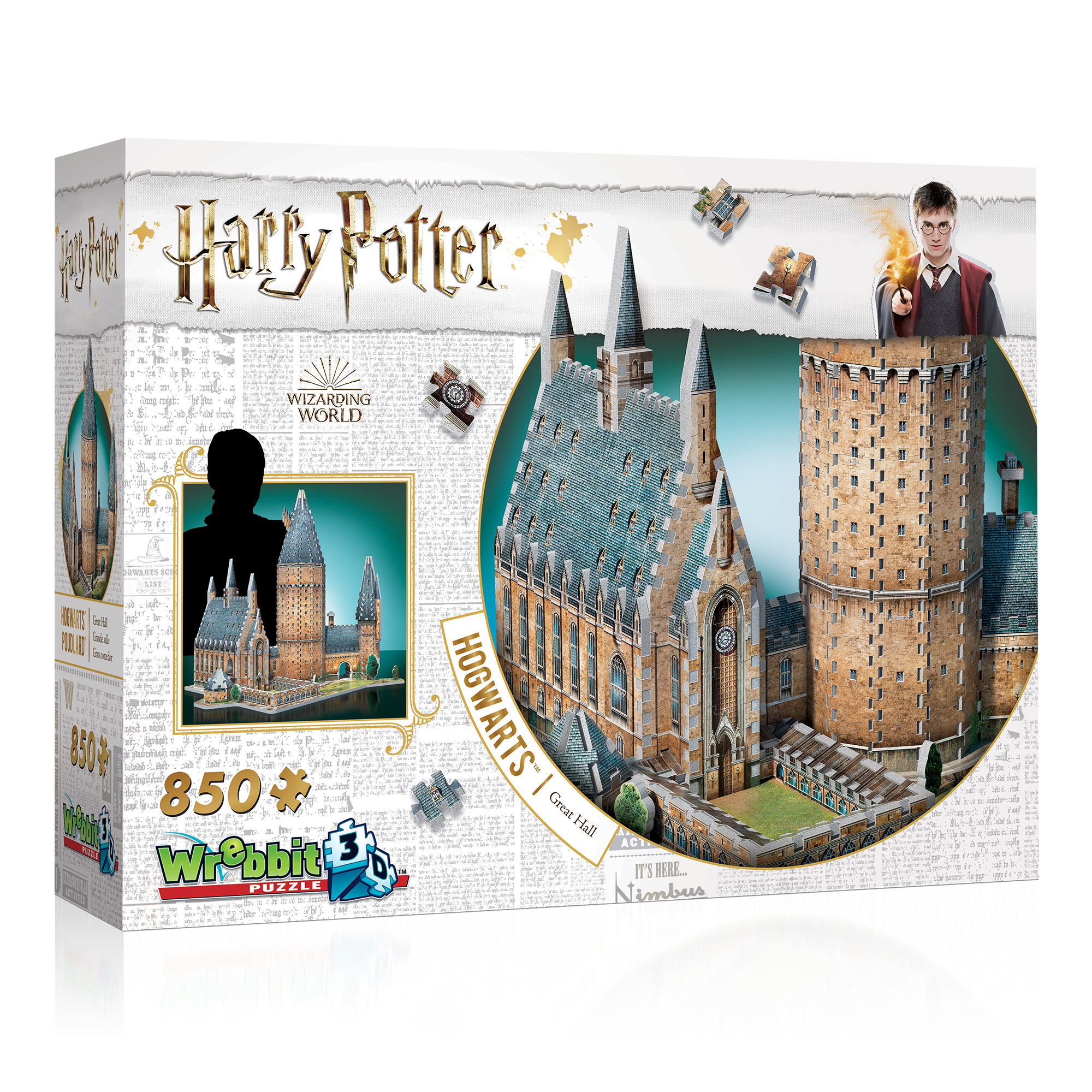 Pudełko z puzzlami 3D Harry'ego Pottera przedstawia zamek Hogwart. Harry Potter jest na pudełku ze swoją różdżką.