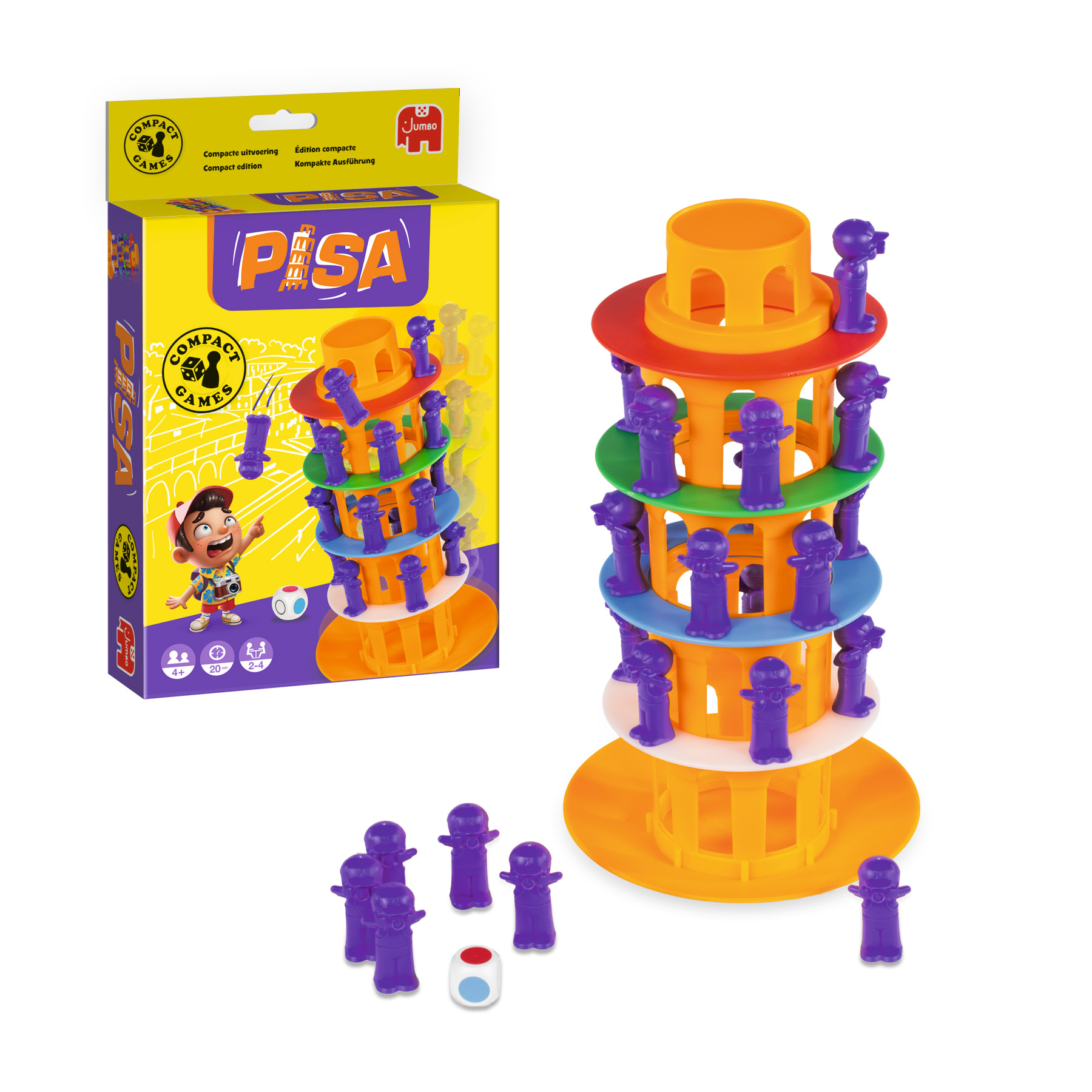 Ein Pisa-Spiel mit einem Turm, lila Figuren und einer Box. Der Turm ist orange und blau. Es gibt auch Würfel und Figuren.