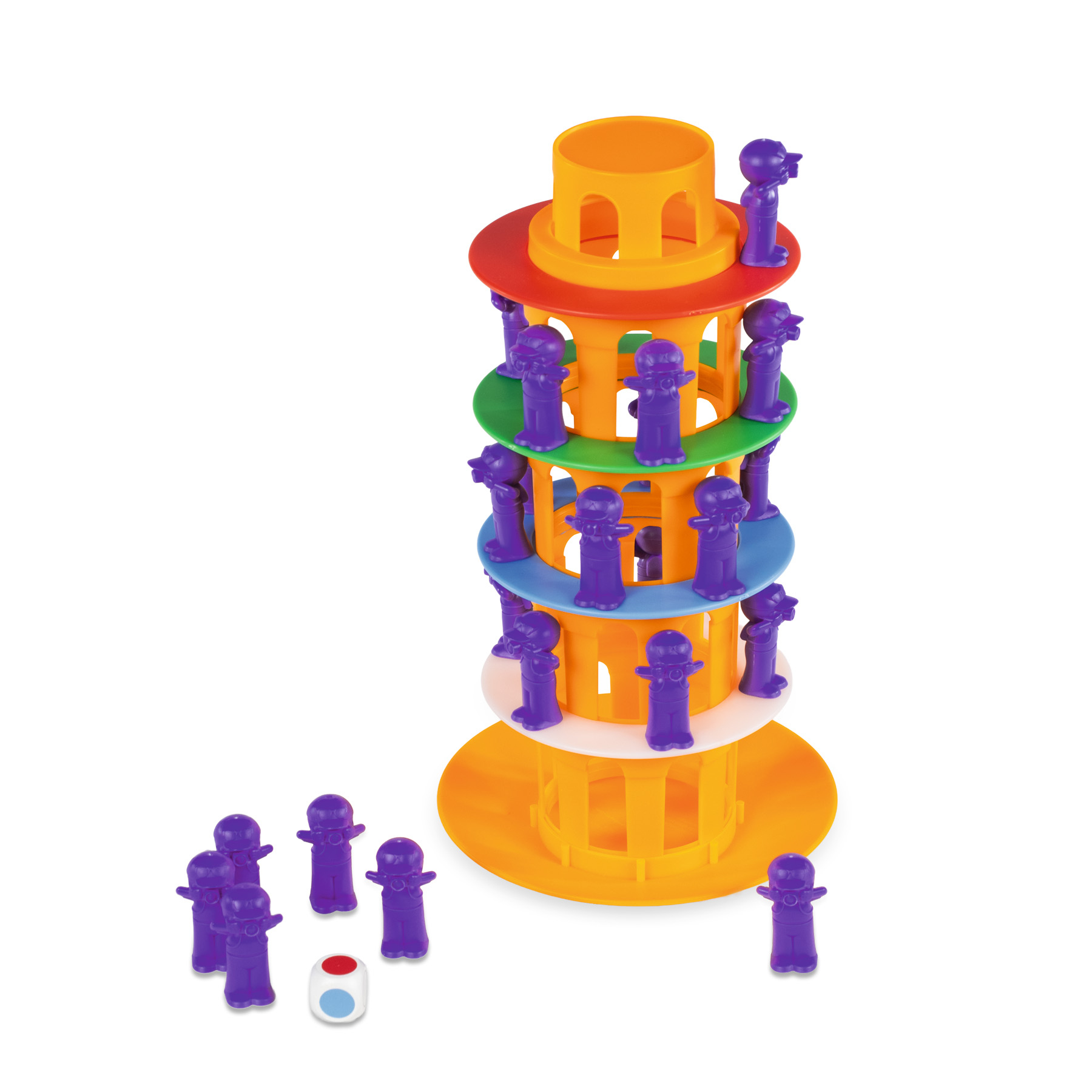 Een torenspel met paarse figuren en een dobbelsteen. De toren heeft kleurrijke niveaus en oranje, rode, groene en blauwe ringen.