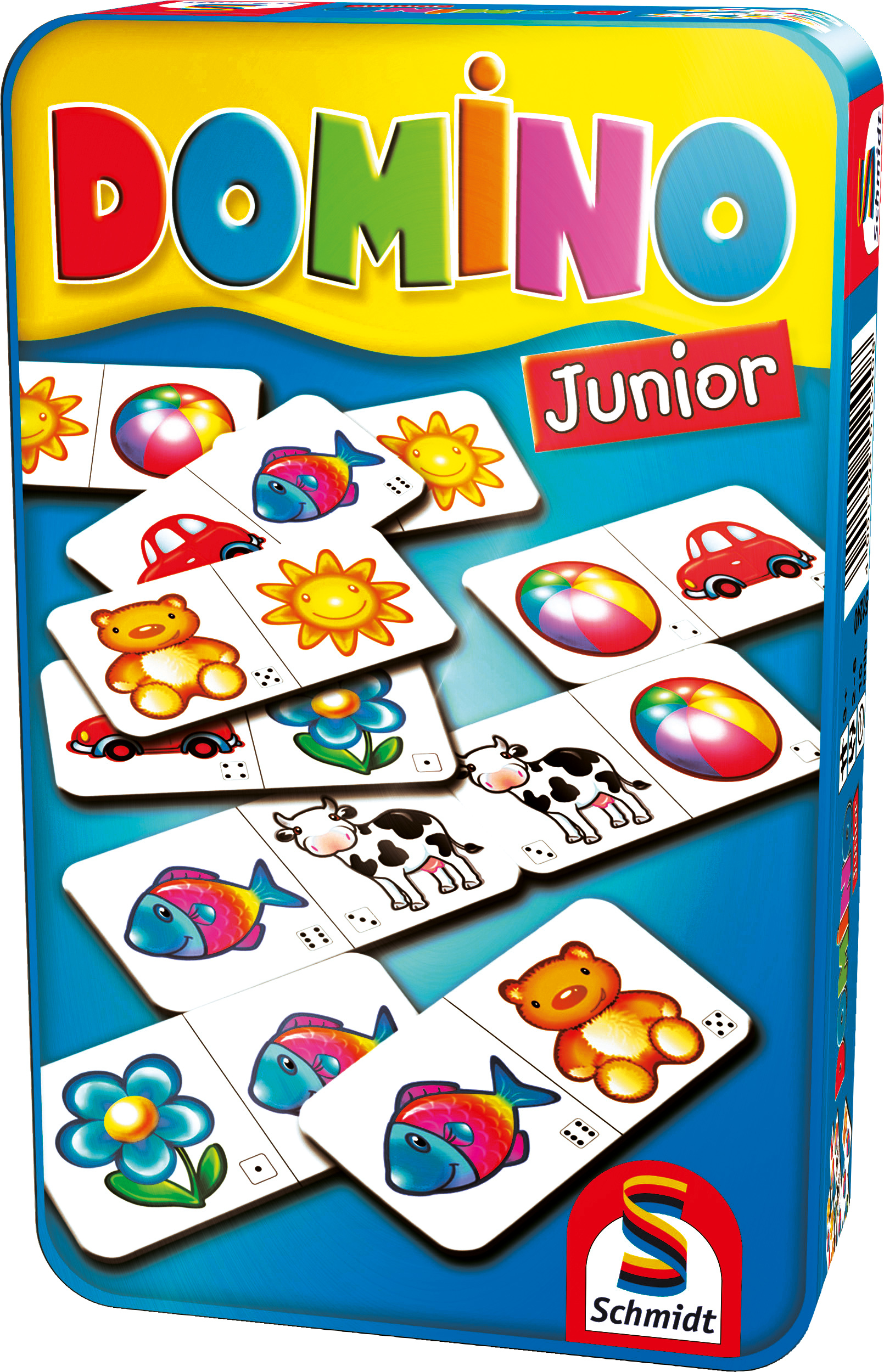 Domino Junior Spielbox. Die Box zeigt Dominosteine mit Cartoon-Bildern von Sonnen, Fischen, Autos, Bären, Kühen, Blumen und Bällen.
