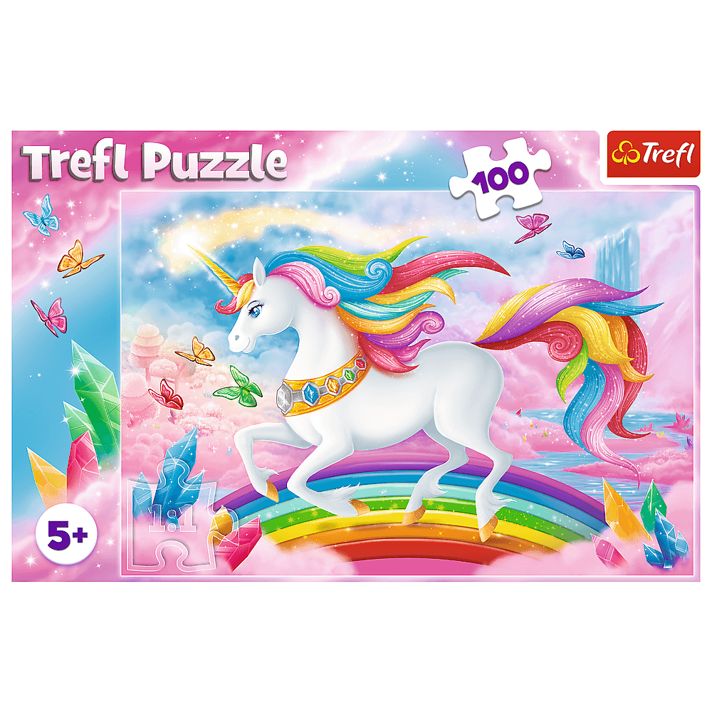 Un rompecabezas de unicornio. Unicornio blanco con melena y cola de arcoíris sobre un arcoíris. Cielo rosa con mariposas y cristales.