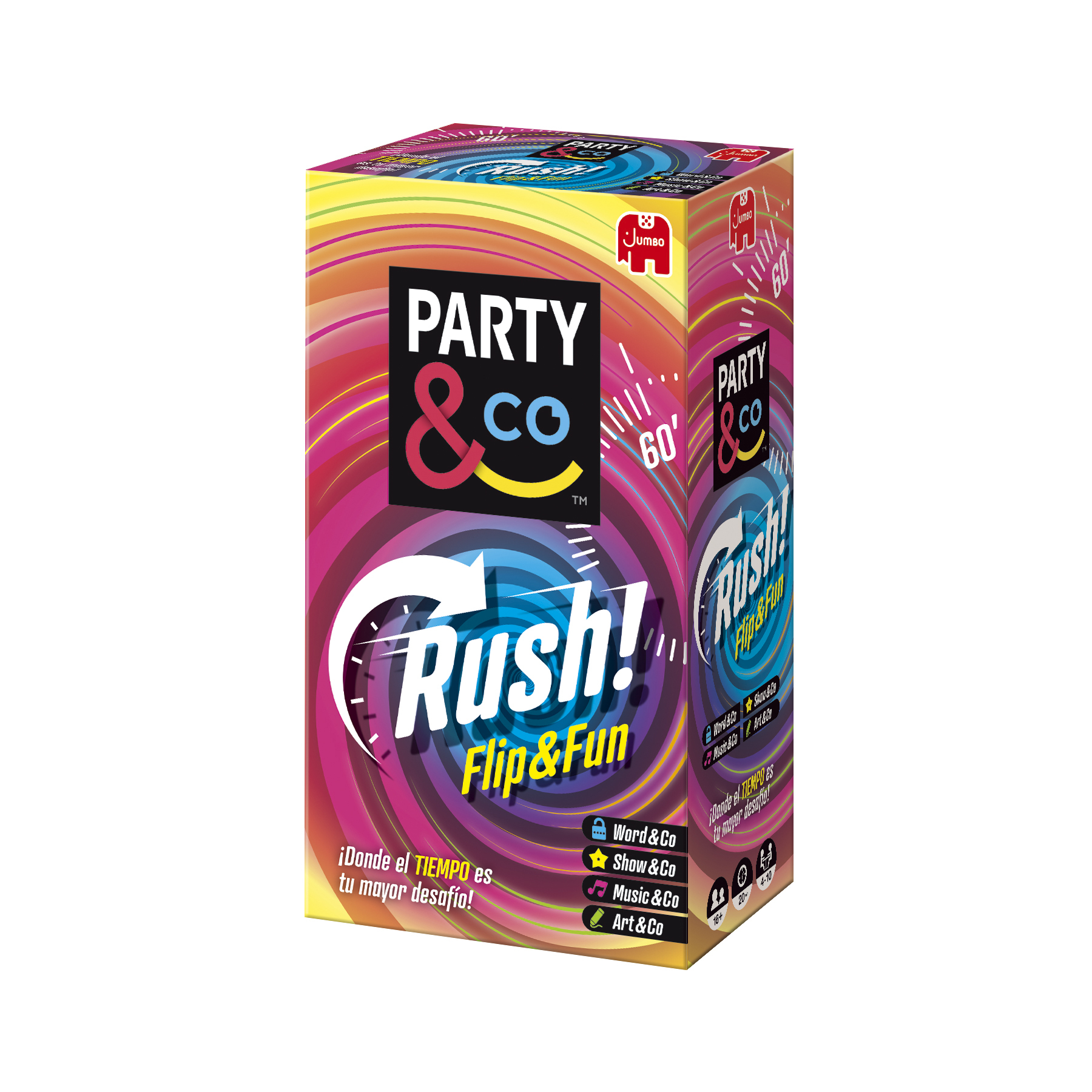 Una caja de juego de Party & Co Rush! Flip & Fun. La caja tiene un diseño en espiral colorido con detalles y logotipos del juego.
