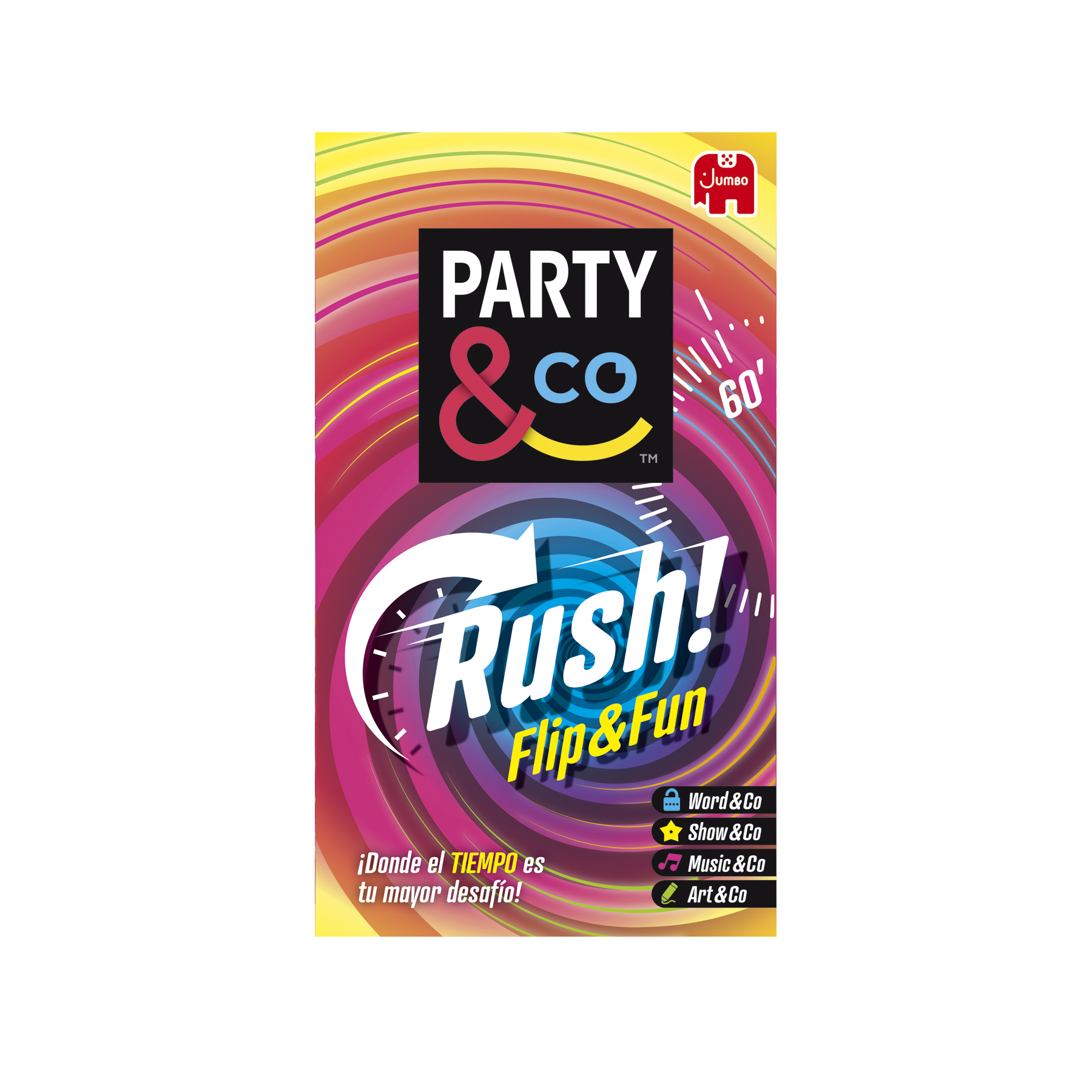 Una caja de juego con un fondo de remolino colorido, se muestran las palabras 'Party & Co Rush!', con iconos de categoría de juego.