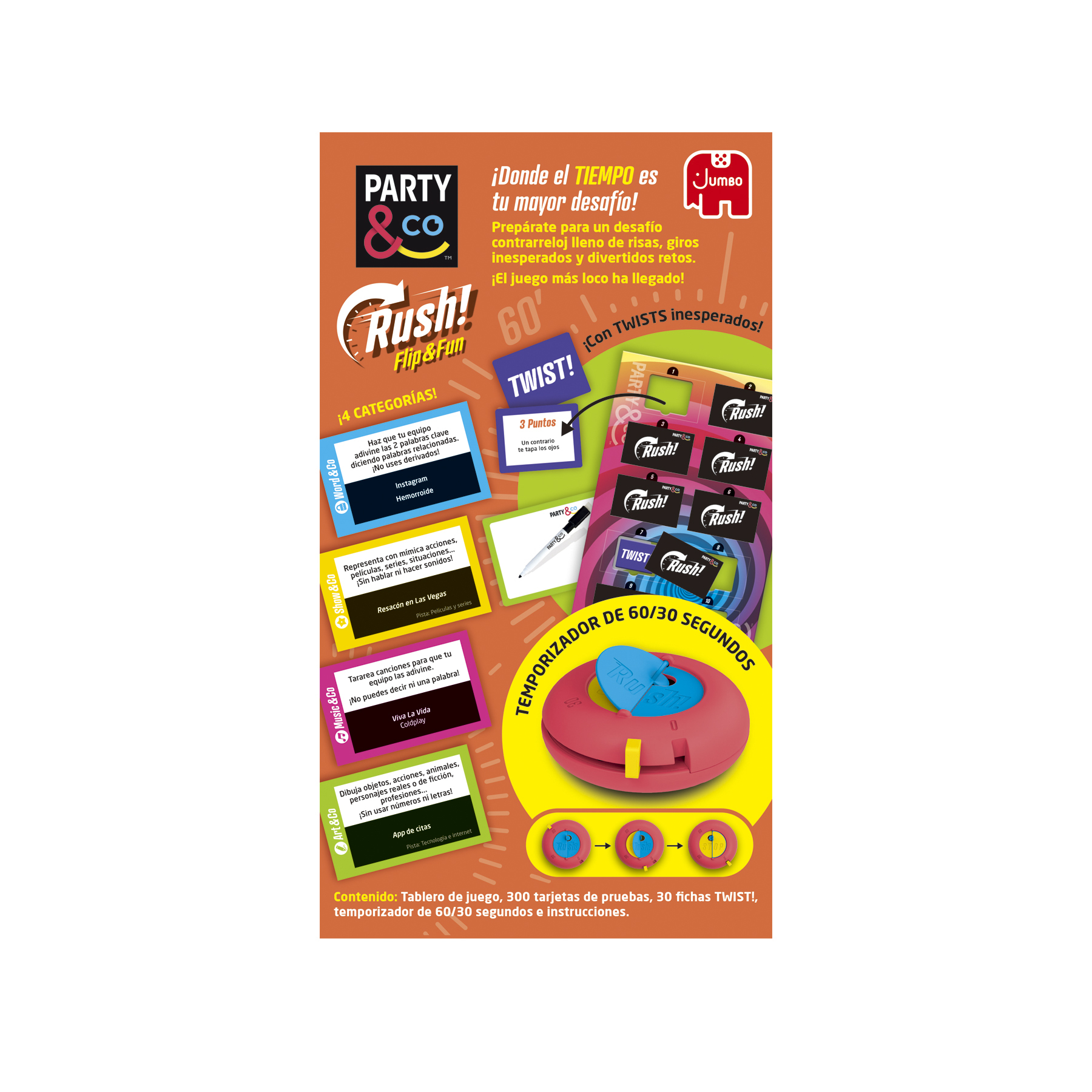Caja de juego de mesa con texto e imágenes de cartas, temporizador y un logo Jumbo.