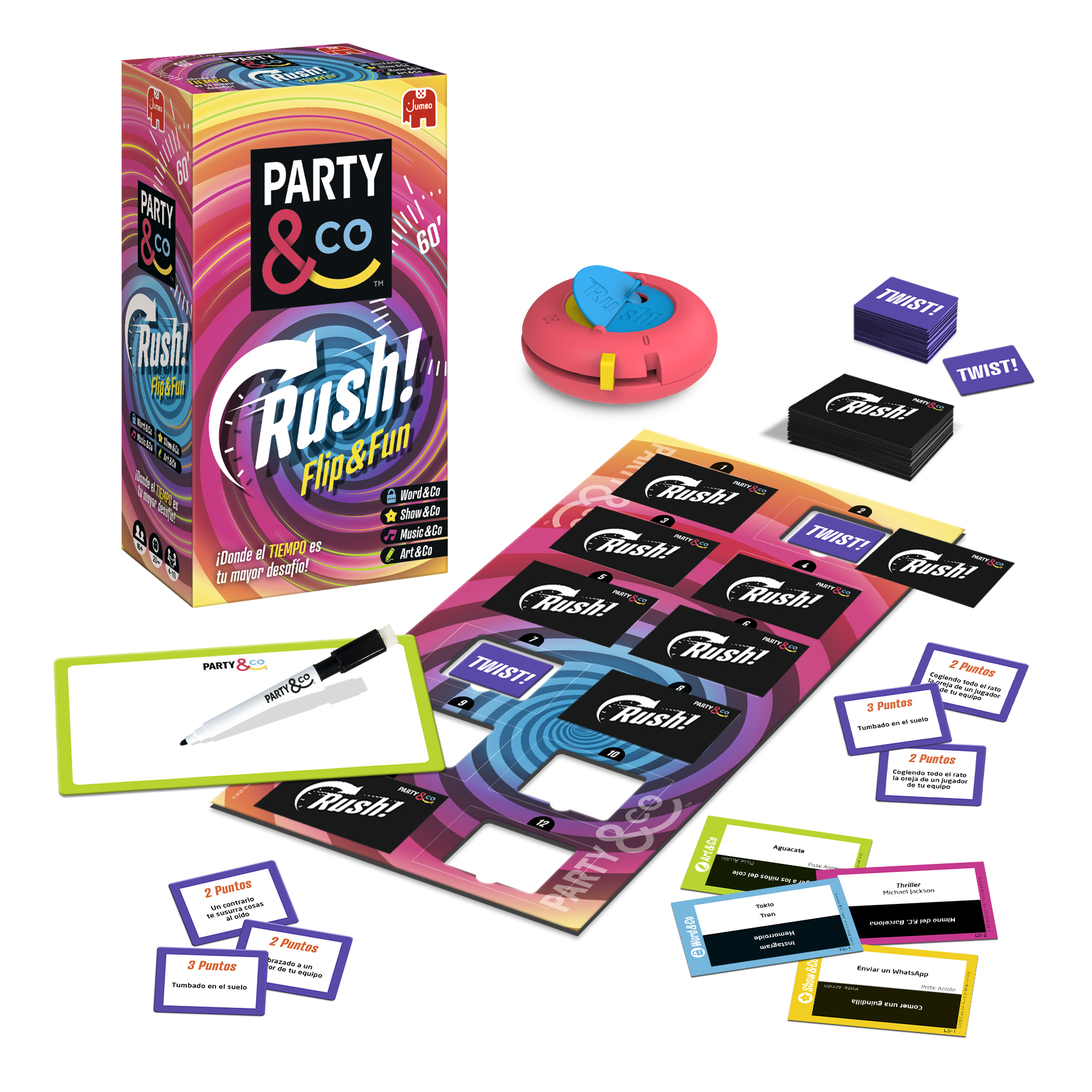 Caja y componentes del juego Party & Co. Rush visibles: cartas, temporizador y pizarra. Piezas del juego dispersas.