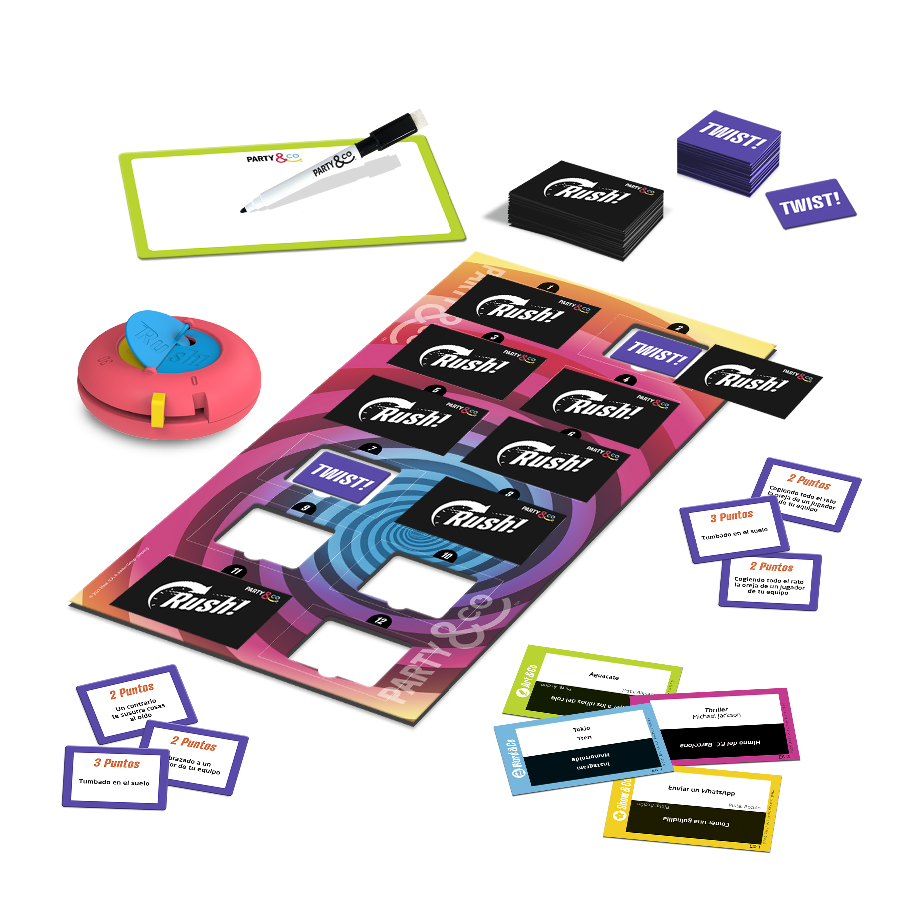 Un tablero de juego con cartas, un bolígrafo y un temporizador. El tablero tiene espacios para cartas Rush y Twist.