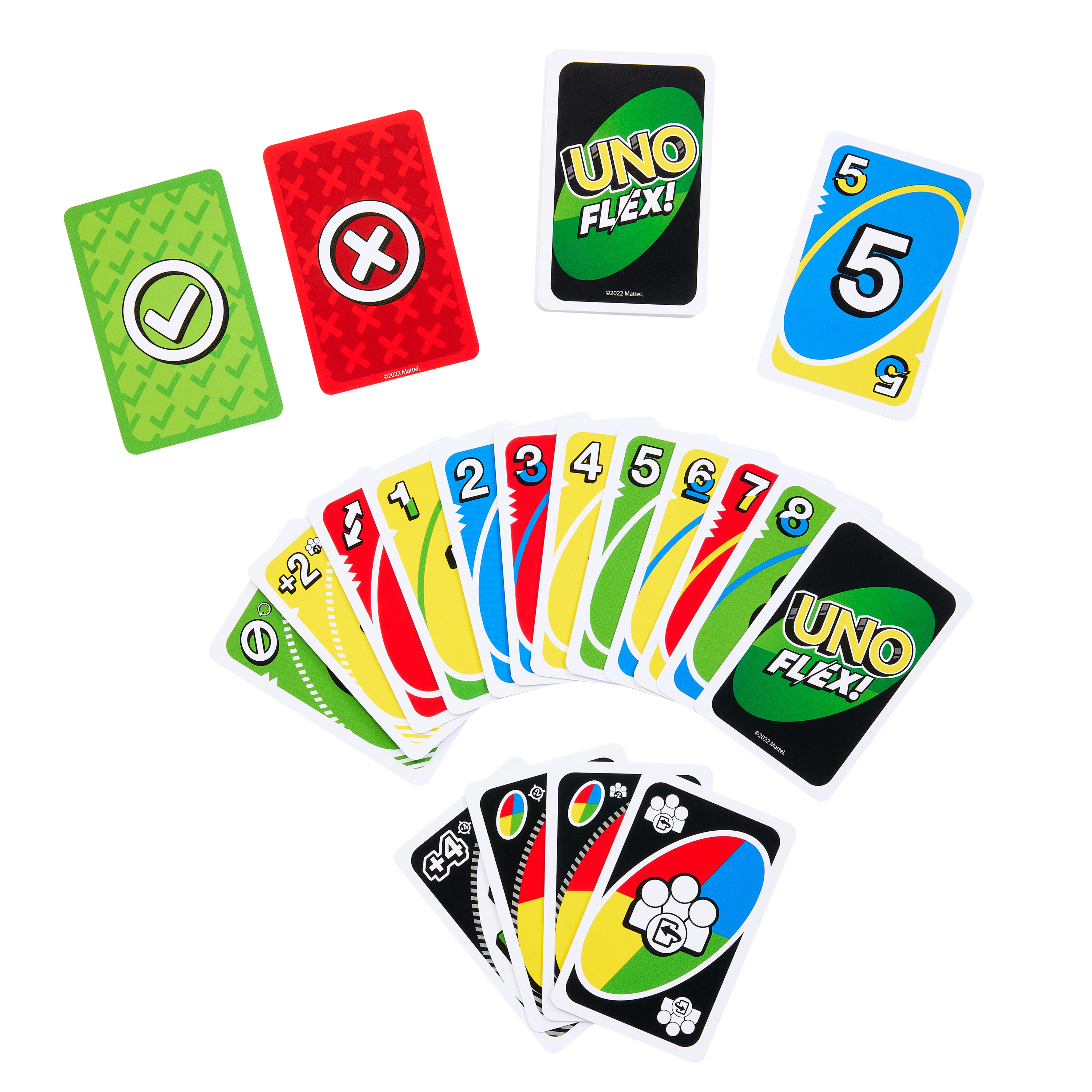 Une vue aérienne des cartes UNO Flex. Diverses cartes sont affichées, avec des chiffres, des couleurs et le logo UNO Flex.