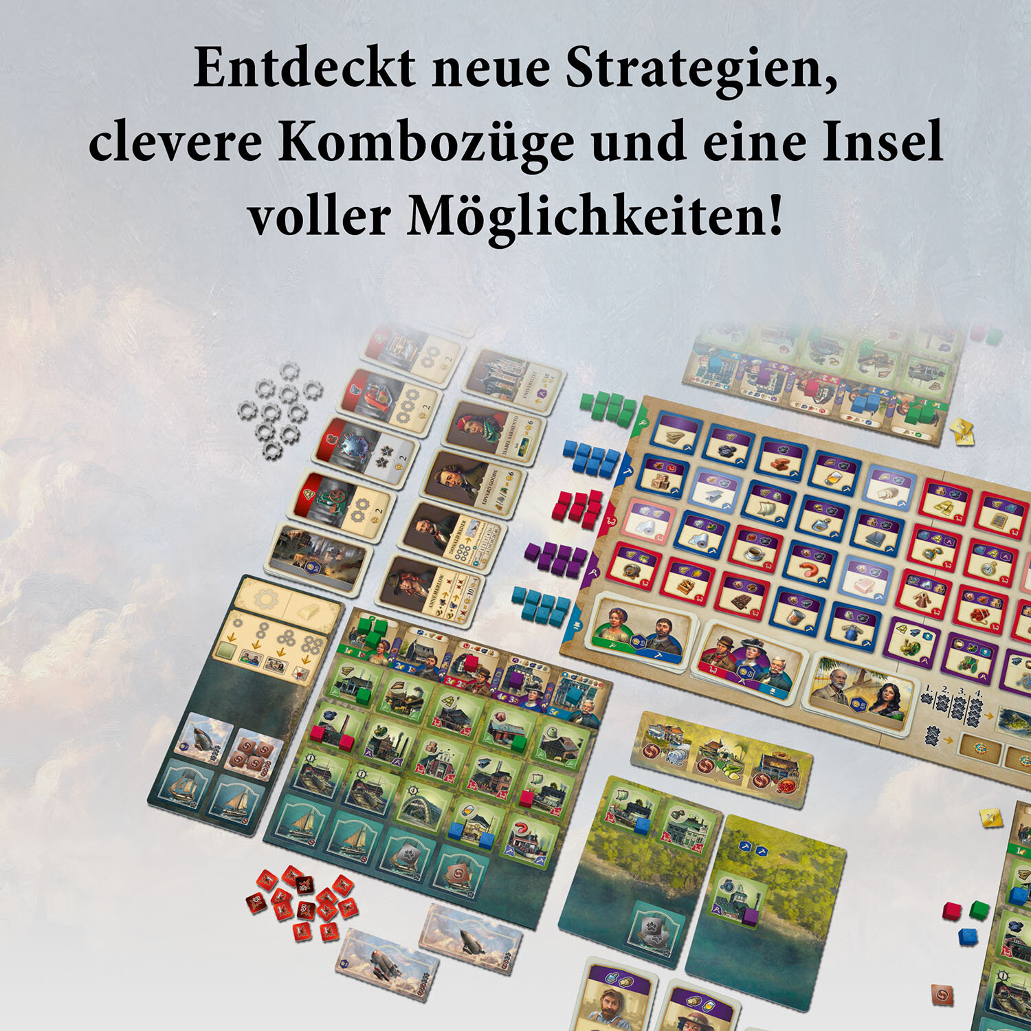 Brettspiel mit Karten, Token und Boards. Der Text oben lautet: 'Entdecken Sie neue Strategien, clevere Kombinationen und eine Insel voller Möglichkeiten!'