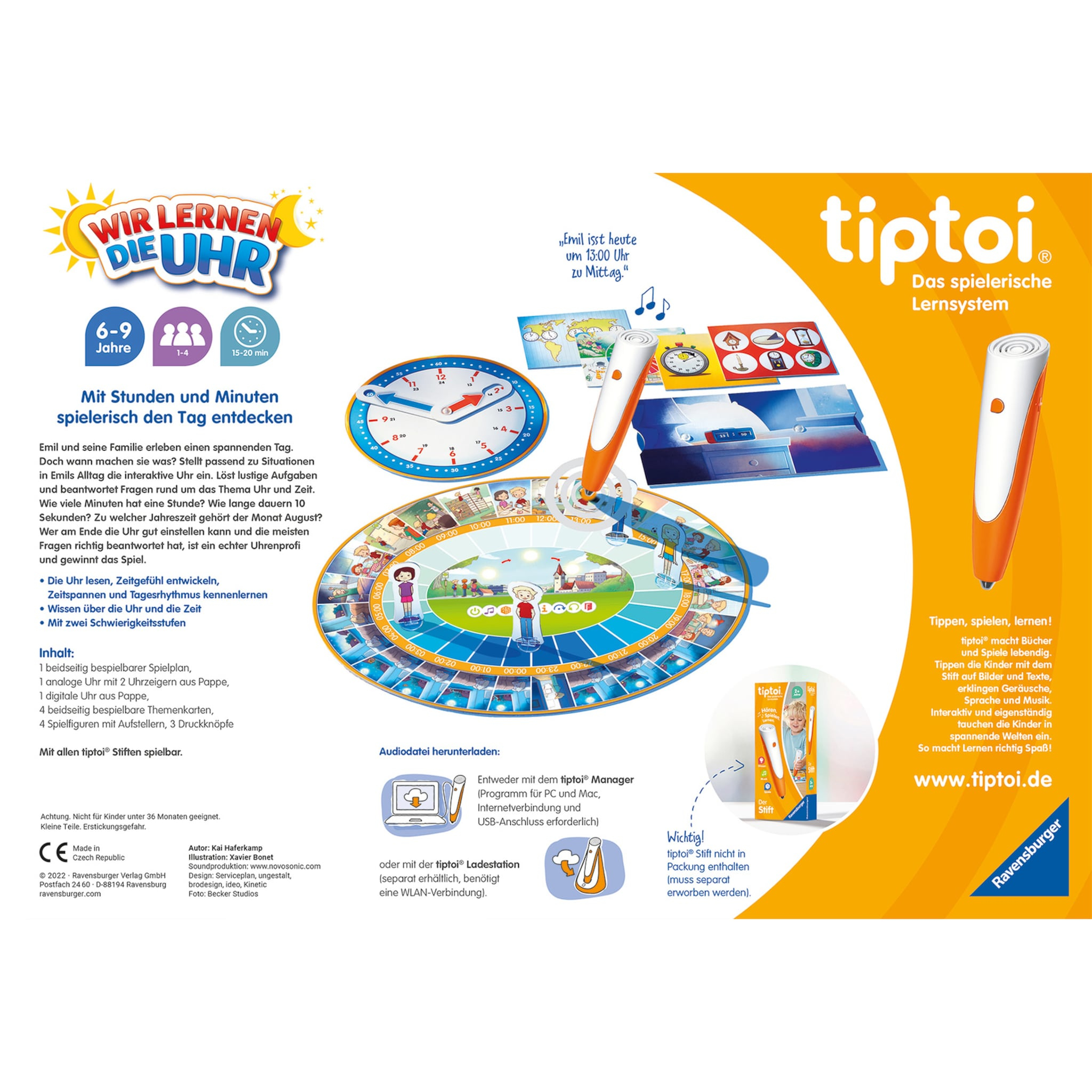 Obraz przedstawia grę dla dzieci z zegarem, figurkami i długopisem.