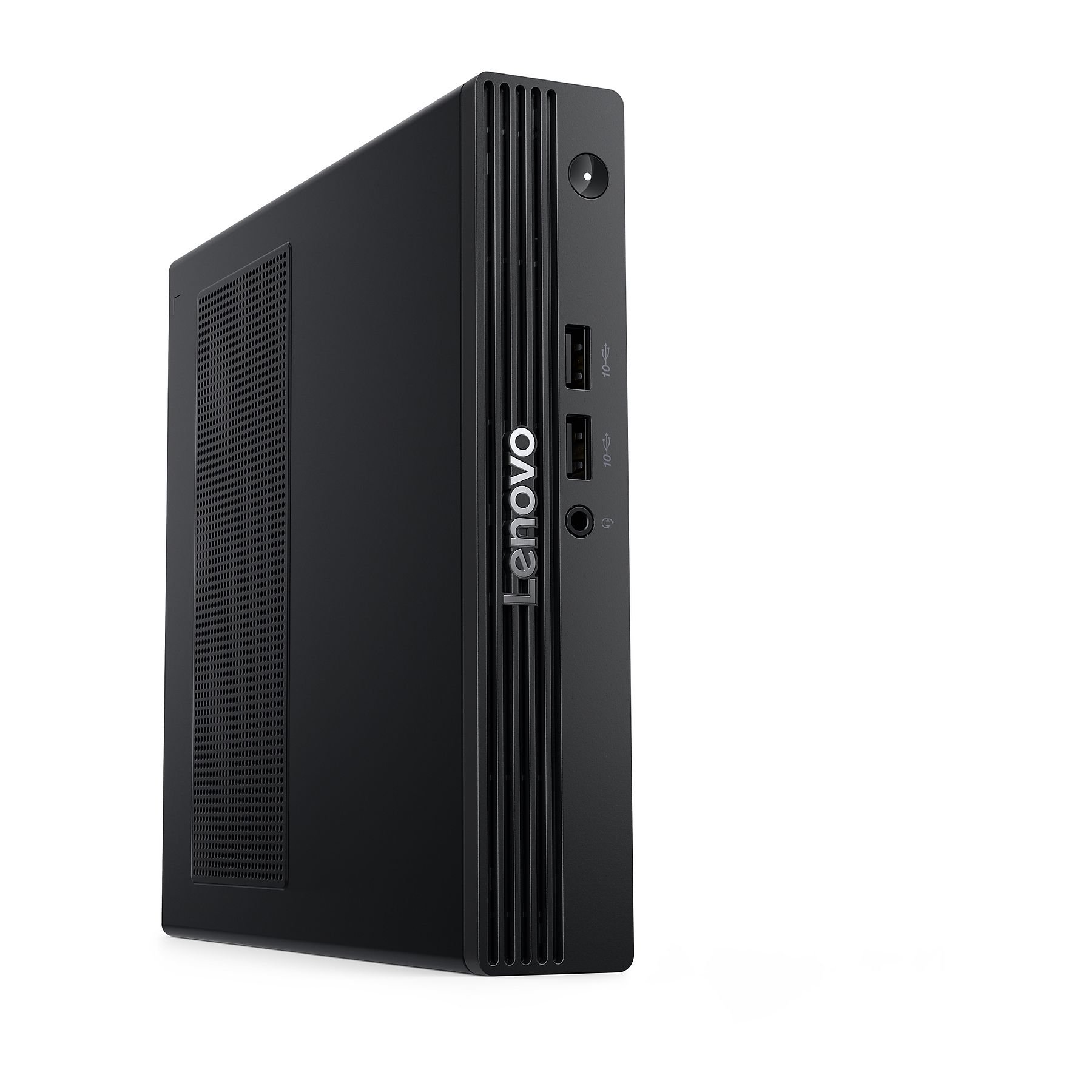 Un computer desktop Lenovo nero su sfondo bianco. Ha porte, un pulsante di accensione e il logo Lenovo.