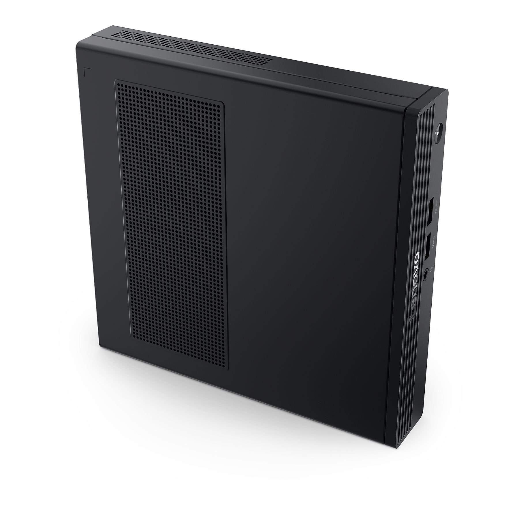 Computer desktop Lenovo nero. La parte anteriore ha una sezione perforata. Il lato destro ha porte e il logo Lenovo.