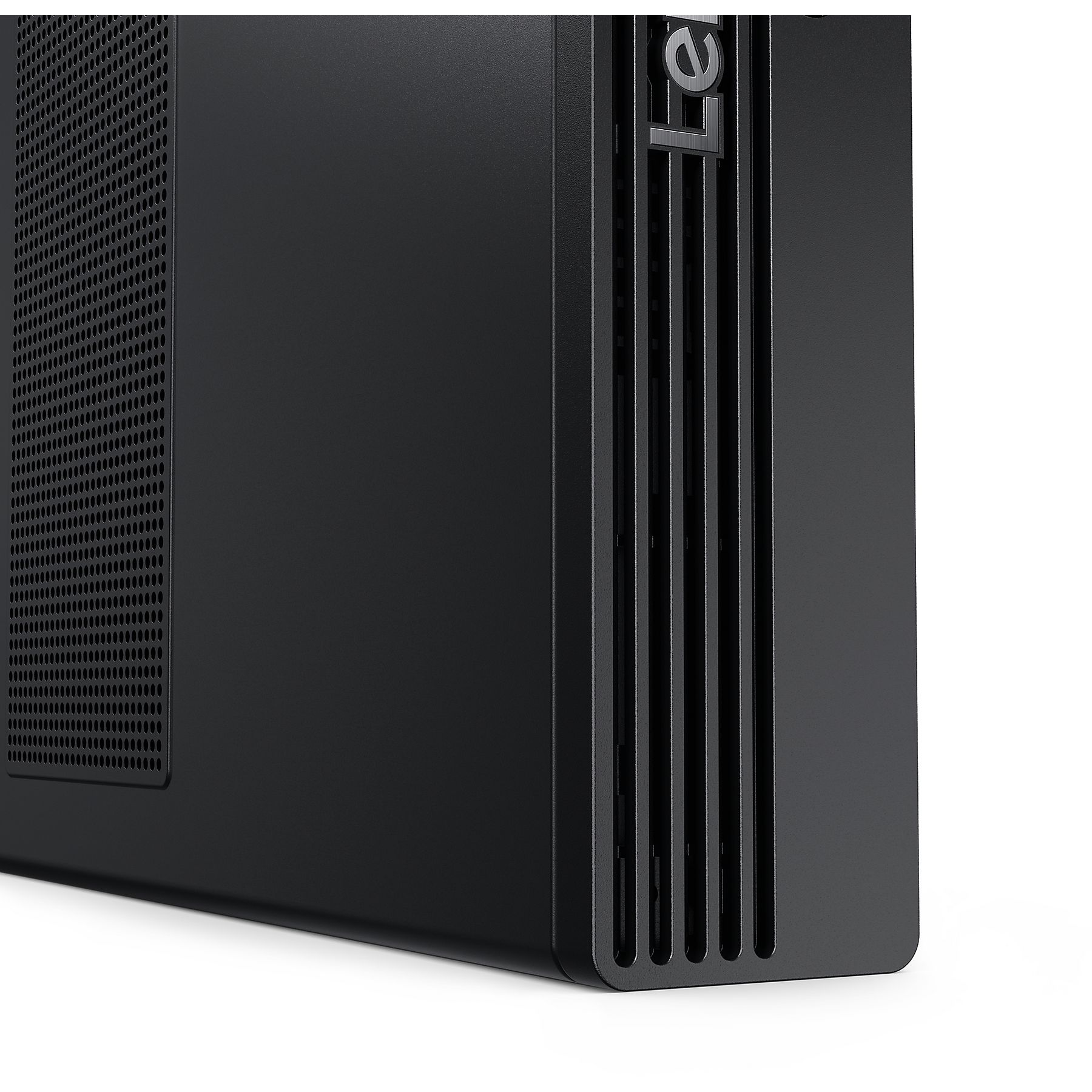 Un primo piano di un case di computer nero. Mostra il lato con la ventilazione e il logo Lenovo.