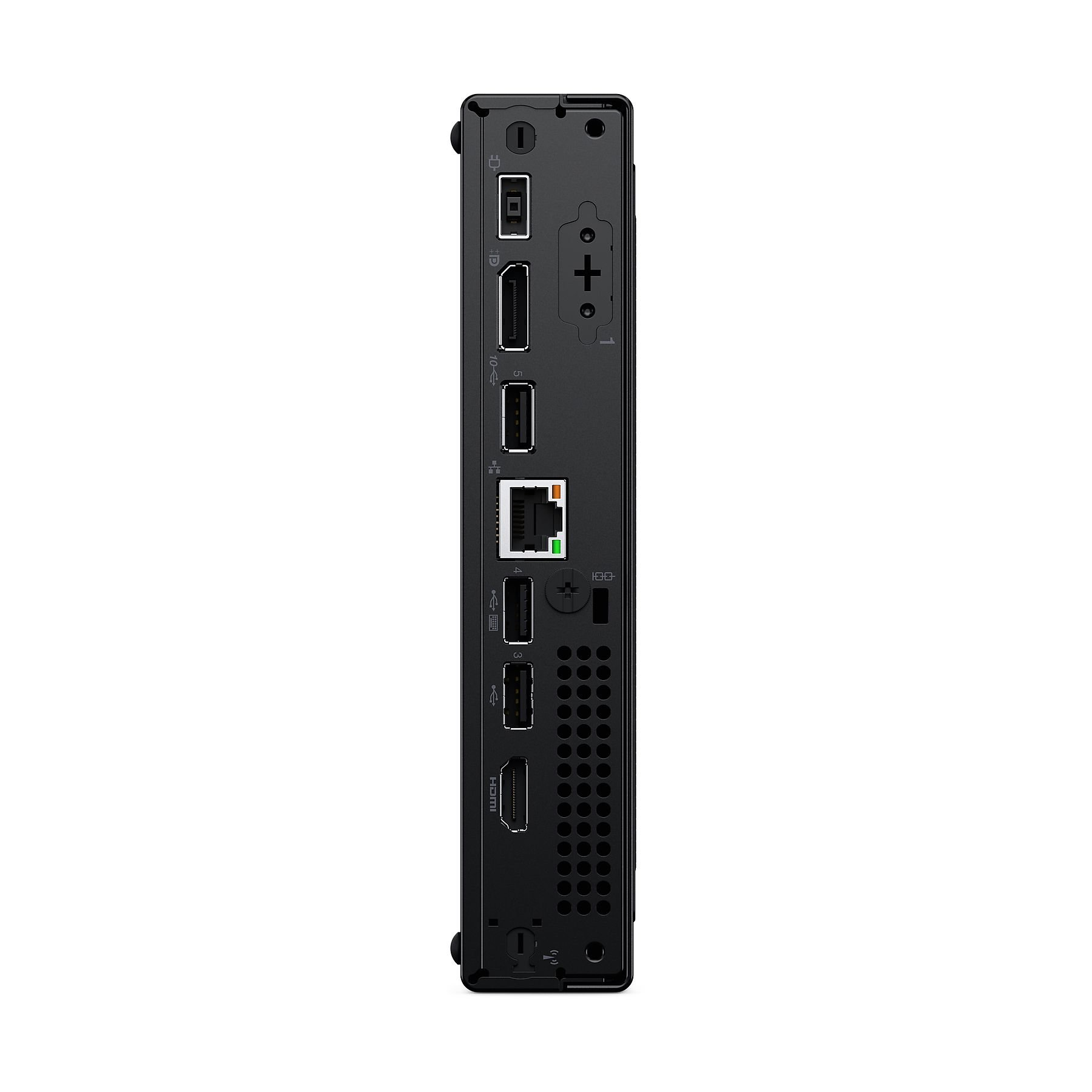 Componente di computer nera con porte. Include porte HDMI, USB e di rete. Verticale, su sfondo bianco.