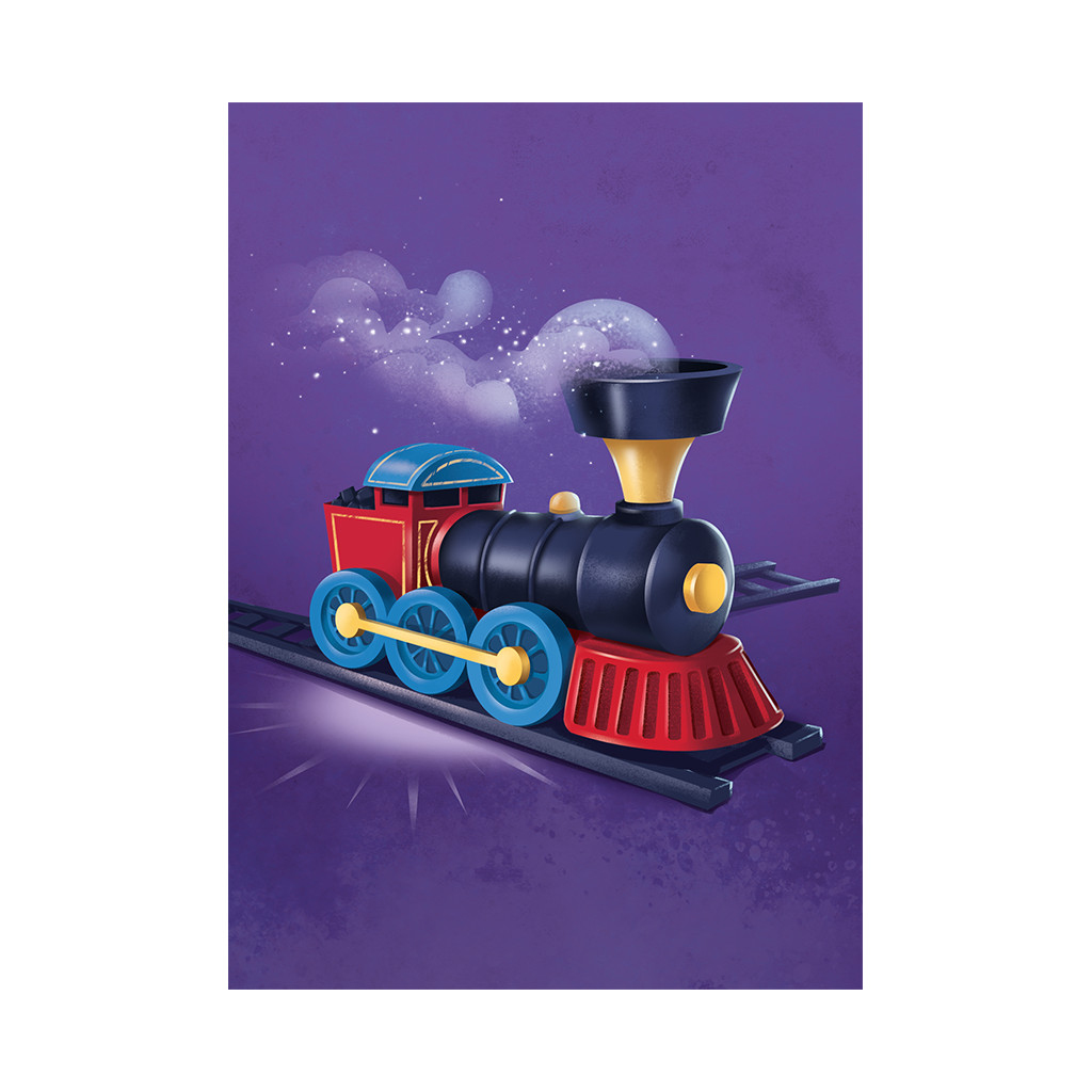 Een cartoon trein met rode, blauwe, zwarte en gele onderdelen op een paarse achtergrond. Het heeft rook en staat op rails.
