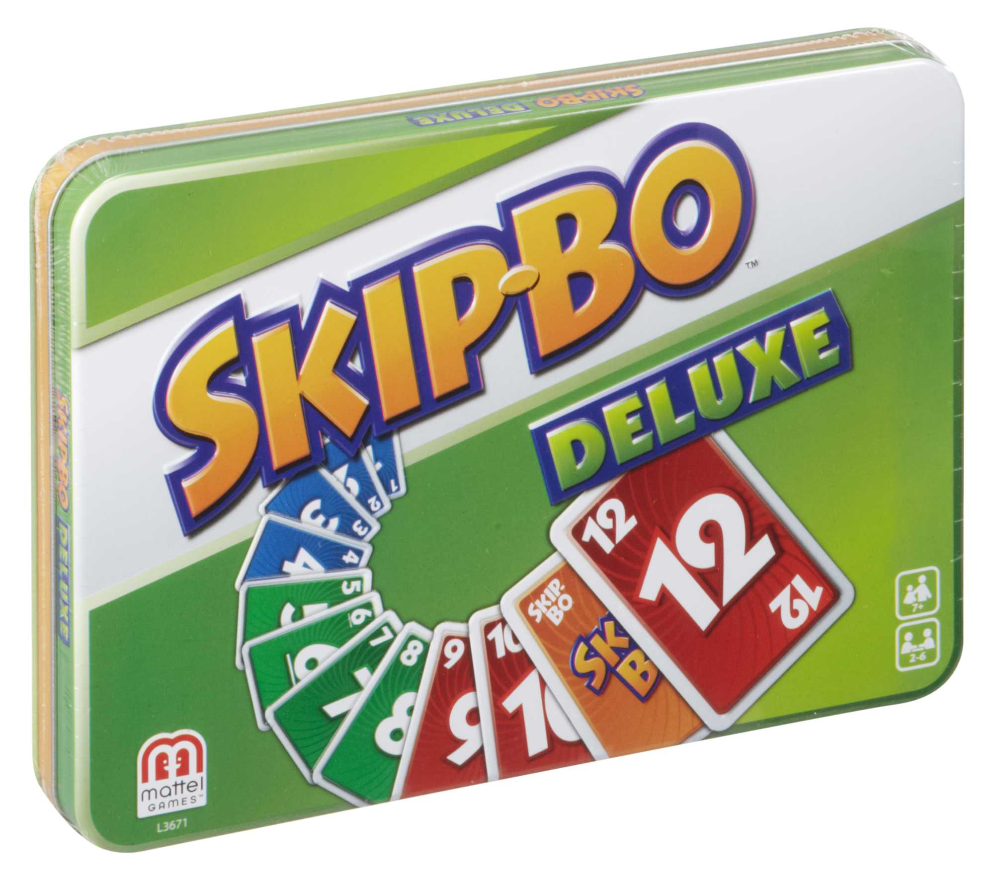 Pudełko gry karcianej Skip-Bo Deluxe. Pudełko jest zielone z logo gry i widocznymi kartami.