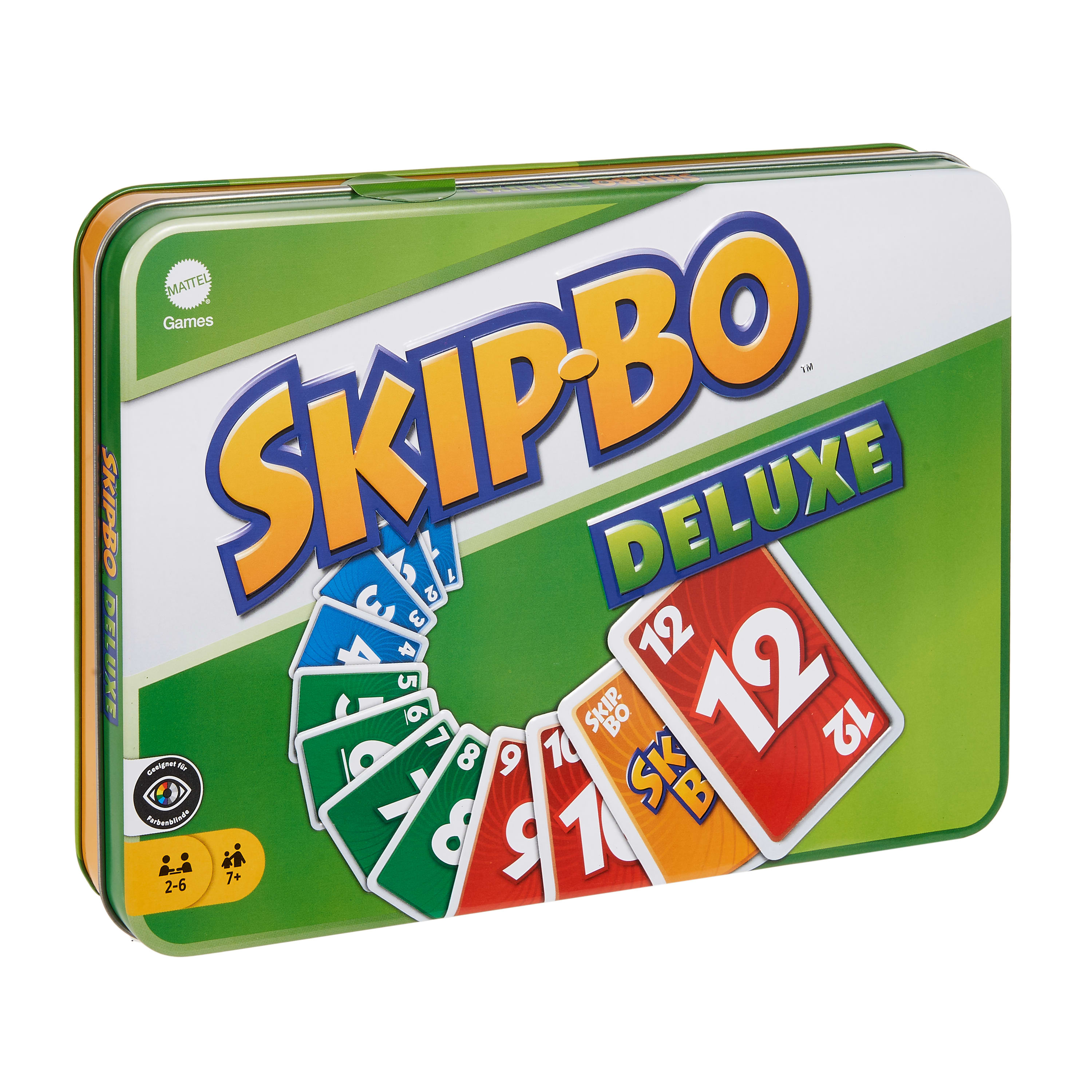Pudełko do gry Skip-Bo Deluxe. Ma karty i tytuł na pudełku. Widoczne są zielone, żółte i czerwone karty.