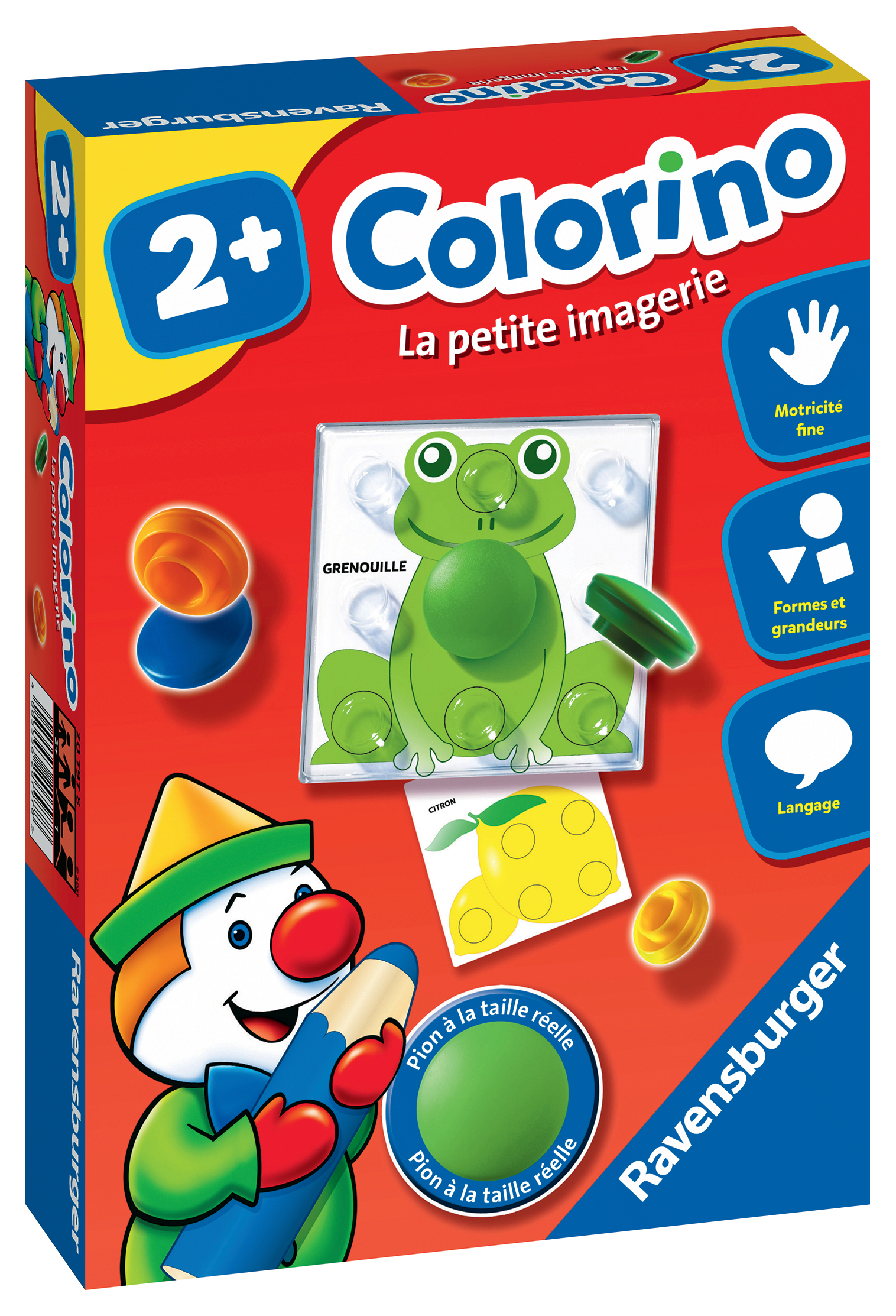 Una scatola Colorino con illustrazioni di un clown, una rana e un limone. Sfondo rosso con il logo 'Ravensburger'.