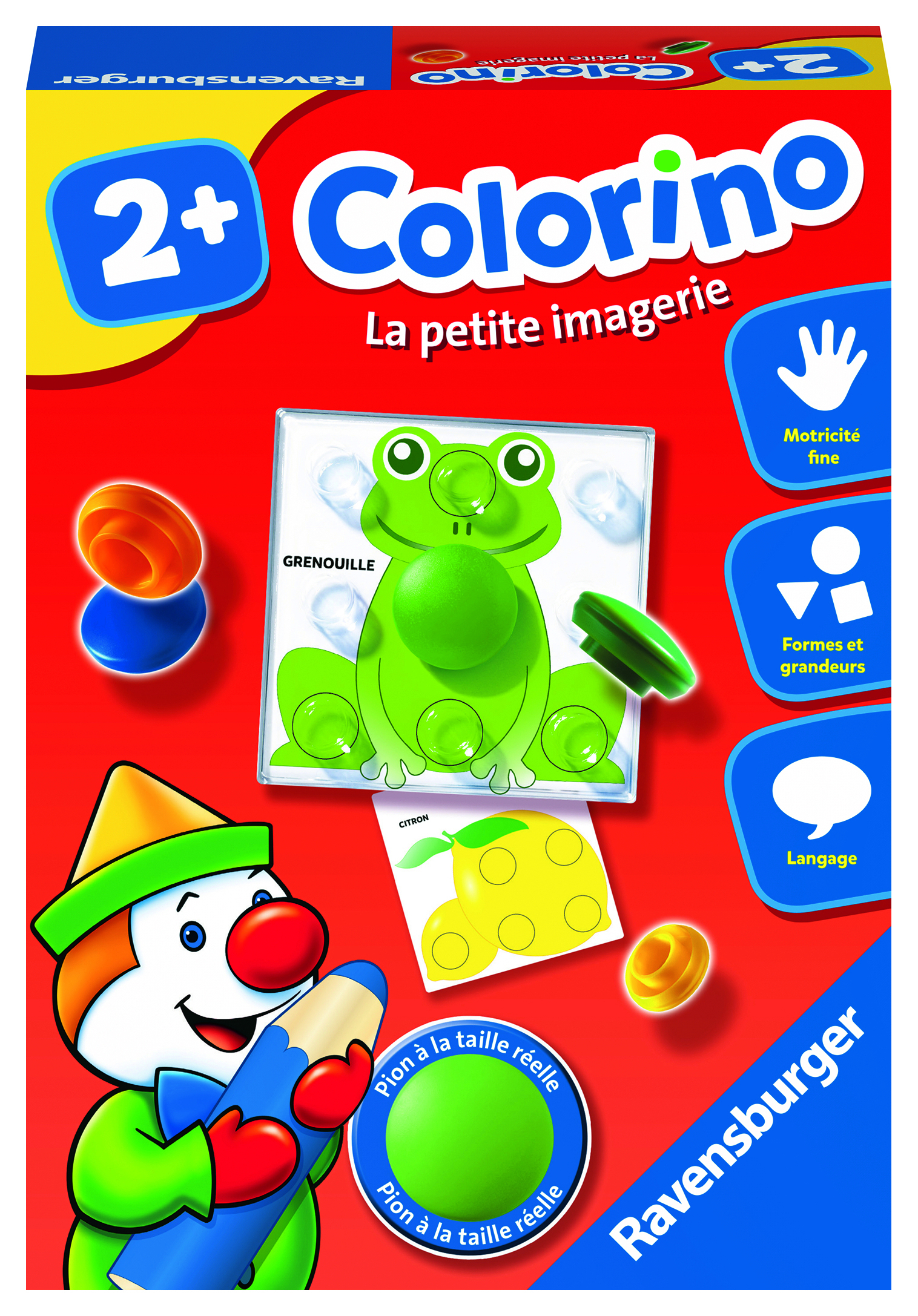 Una scatola Colorino con una rana verde, un limone e un clown con una matita. La scatola è rossa con testo blu e bianco.